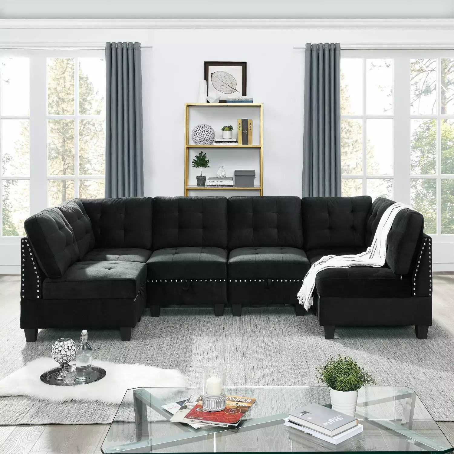 Luxurious Black Velvet U-Shape Modular Sectional Sofa with DIY Combination Includes Four Single Chairs and Two Corners