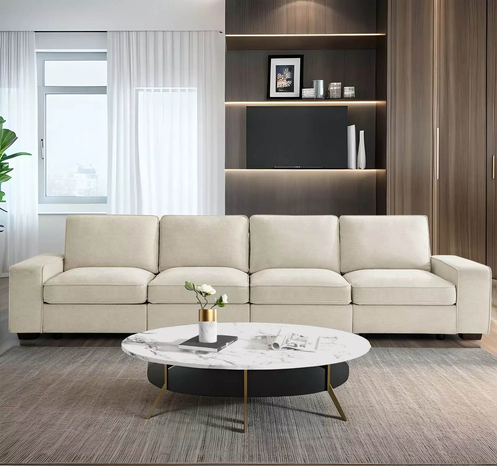 MAEVIS 128 Modern Sofa. 4 Seater Modular Sectional Sofa for Living Room. with Metal Solid Wood Frame. High-Density Cotton Chenille Sleeper Bed. Beige