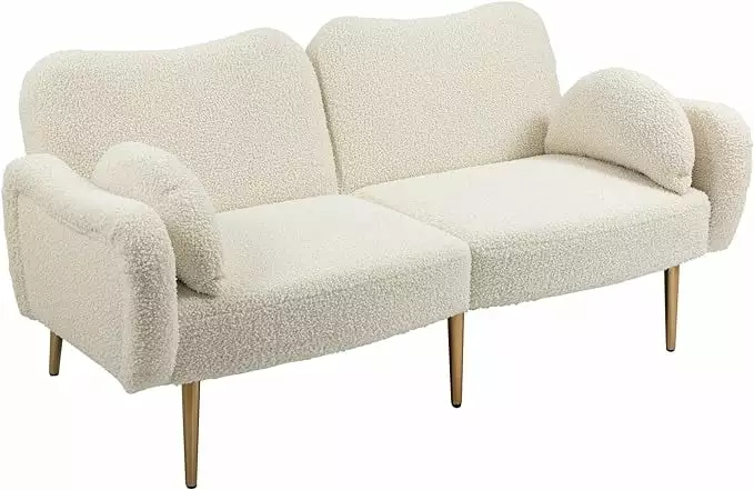 MAICOSY Mid Century Modern Velvet Love Seats Sofa with 2 Bolster Pillows. Loveseat Armrest - White Teddy