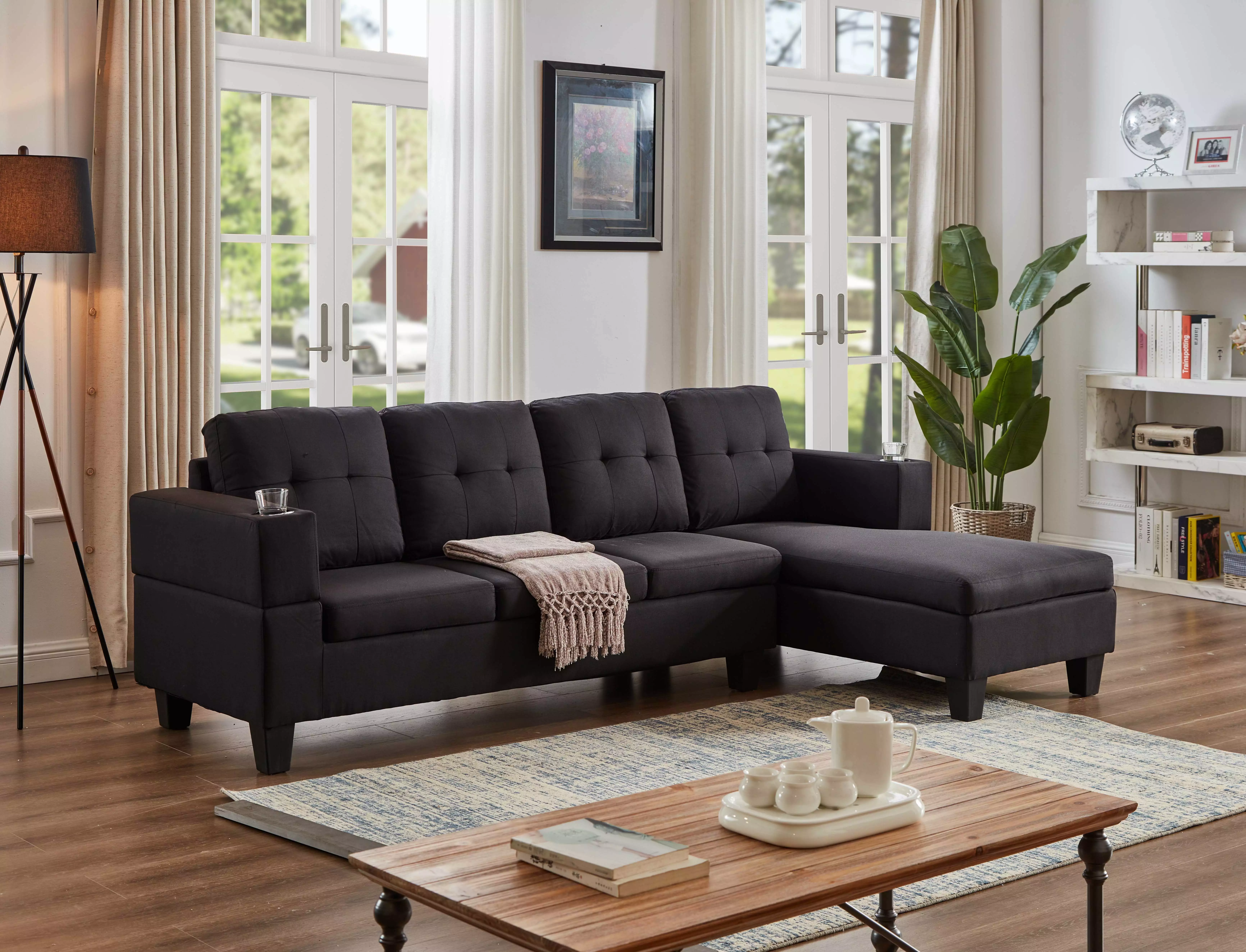 MCPRST Sectional Sofa Couch with Storage. L-Shape Couch with Right Chaise. 4 seat Sofa for Apartment and Living Room. Black Sectional Sofa