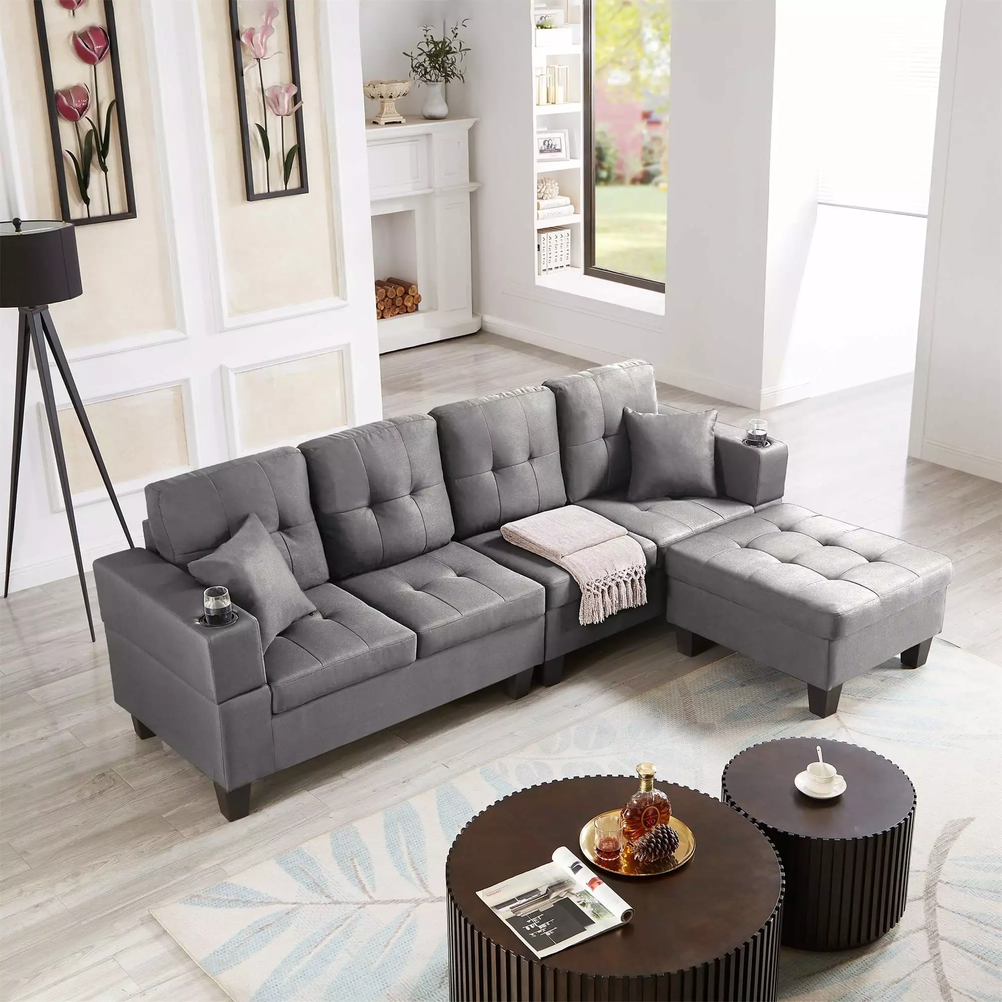 MCPRST Sectional Sofa with Movable Ottoman. L-Shape Couch with Chaise. 4 seat Sofa for Apartment and Living Room. Gray Sectional Sofa