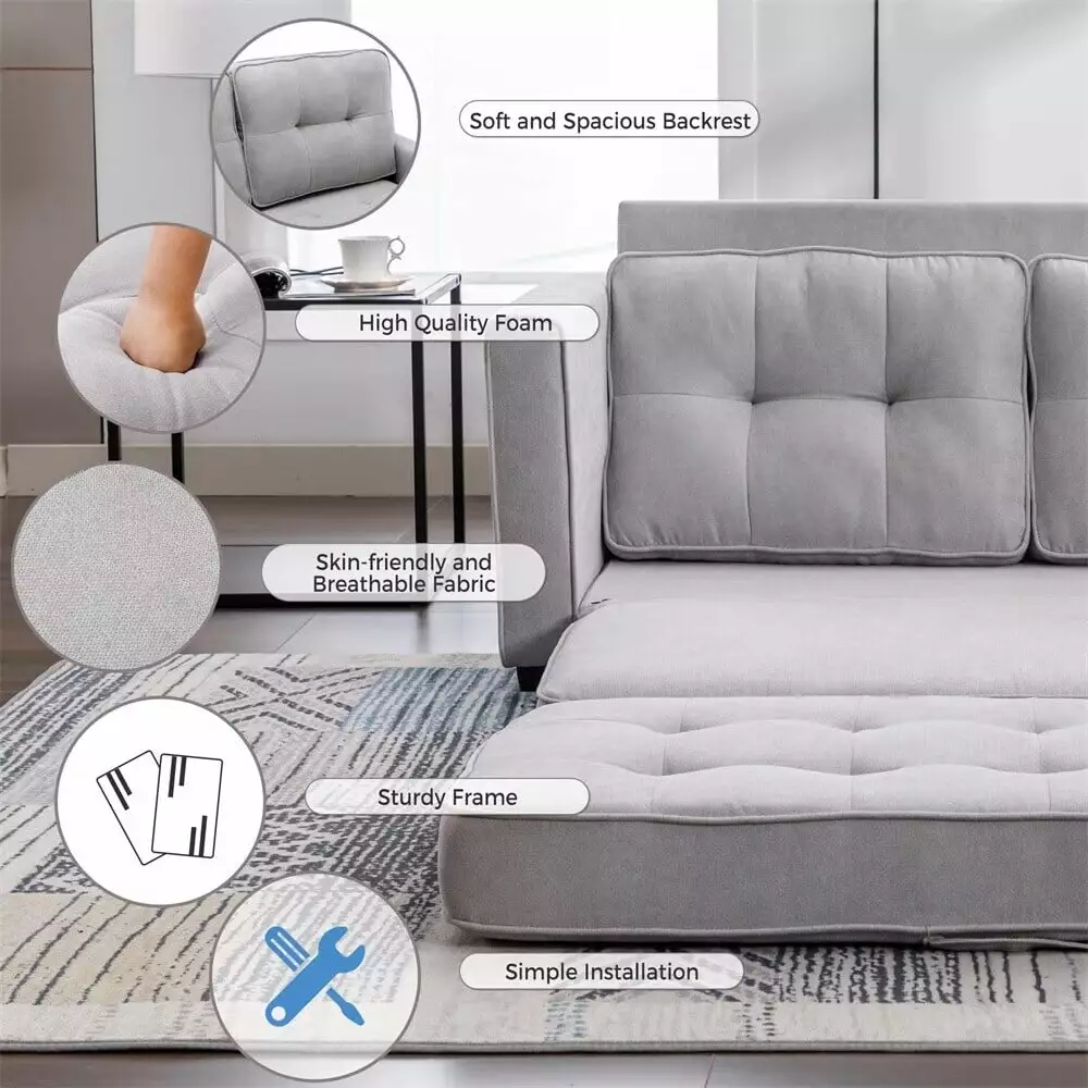 MERAX 59.4 Loveseat Sofa with Pull-Out Bed Modern Upholstered Couch Grey