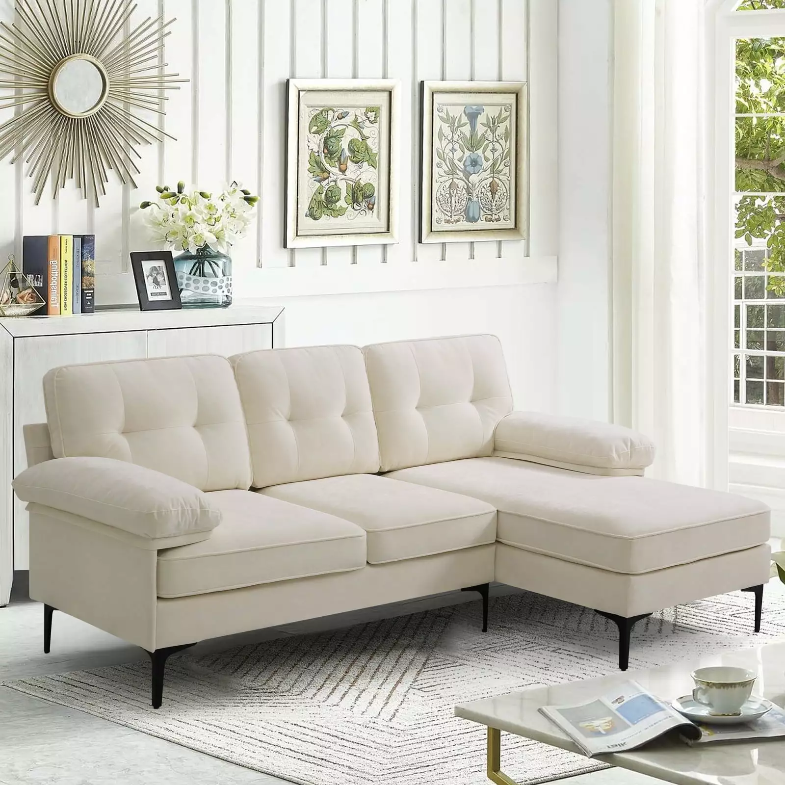 MERITLIFE 3-Piece Modular Sectional. Textured Beige Fabric.Modern Linen Fabric L-Shaped Couch 3-Seat Sofa Sectional.Beige