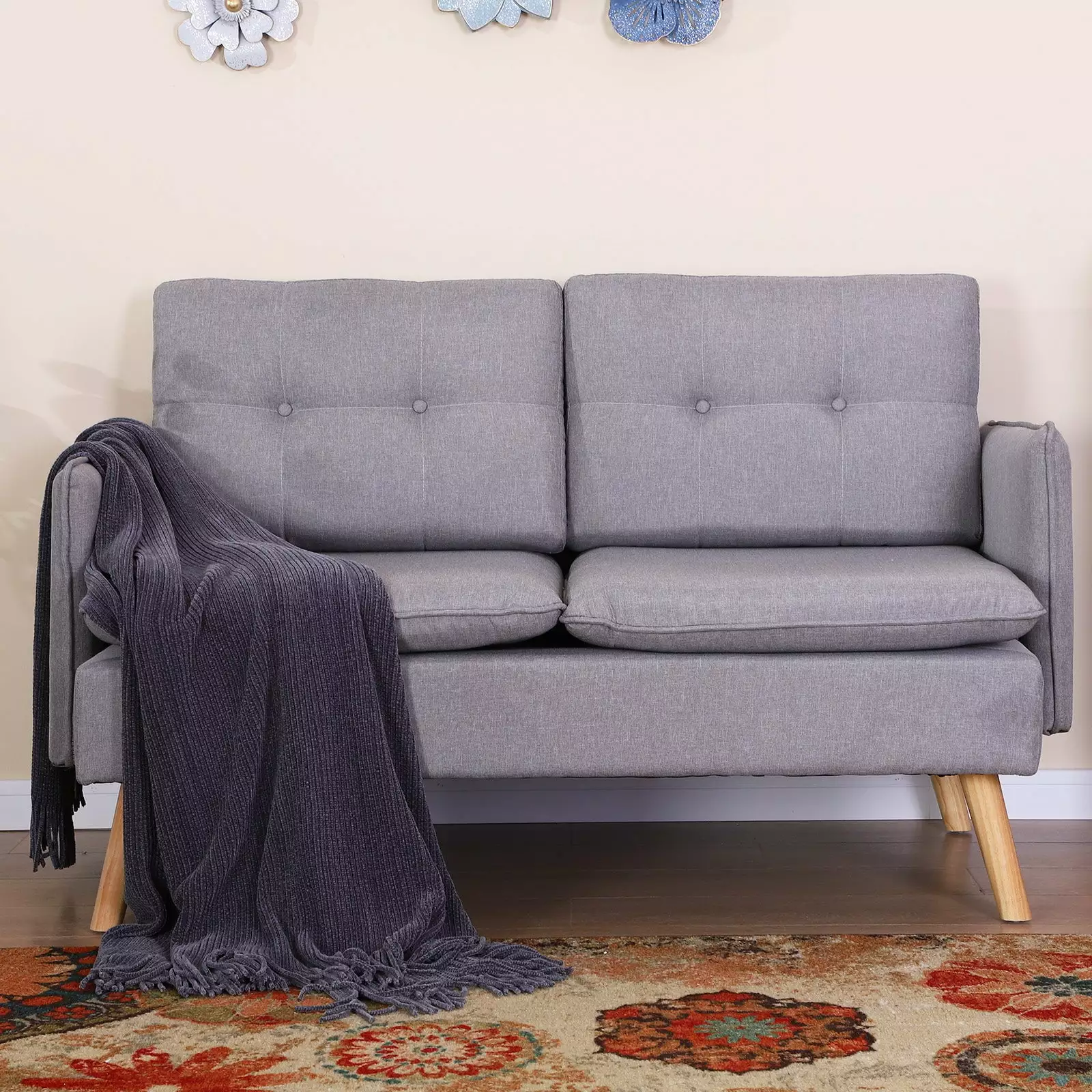 MF Studio 52 Modern Upholstered Loveseat Sofa with Solid Wood Frame for Living Room. Light Gray