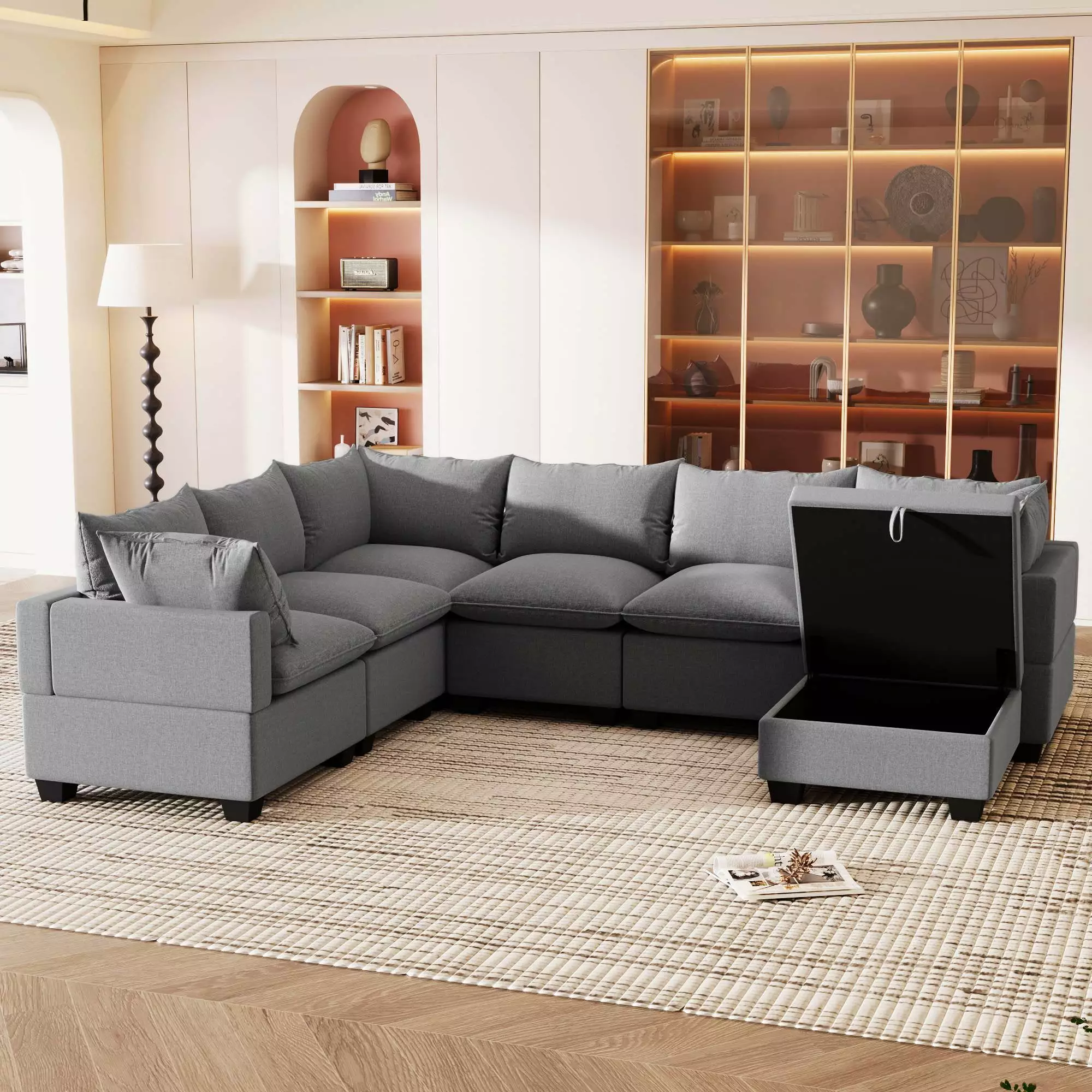 MUIRNAXI 120 Inch U Shaped Sectional. Modern U Shaped Couch. Modular Sectional Sofa with Storage Footstool. Including 2 Pillows.. Luxury 7 Seater Sectional Sofa for Living Room. Gray