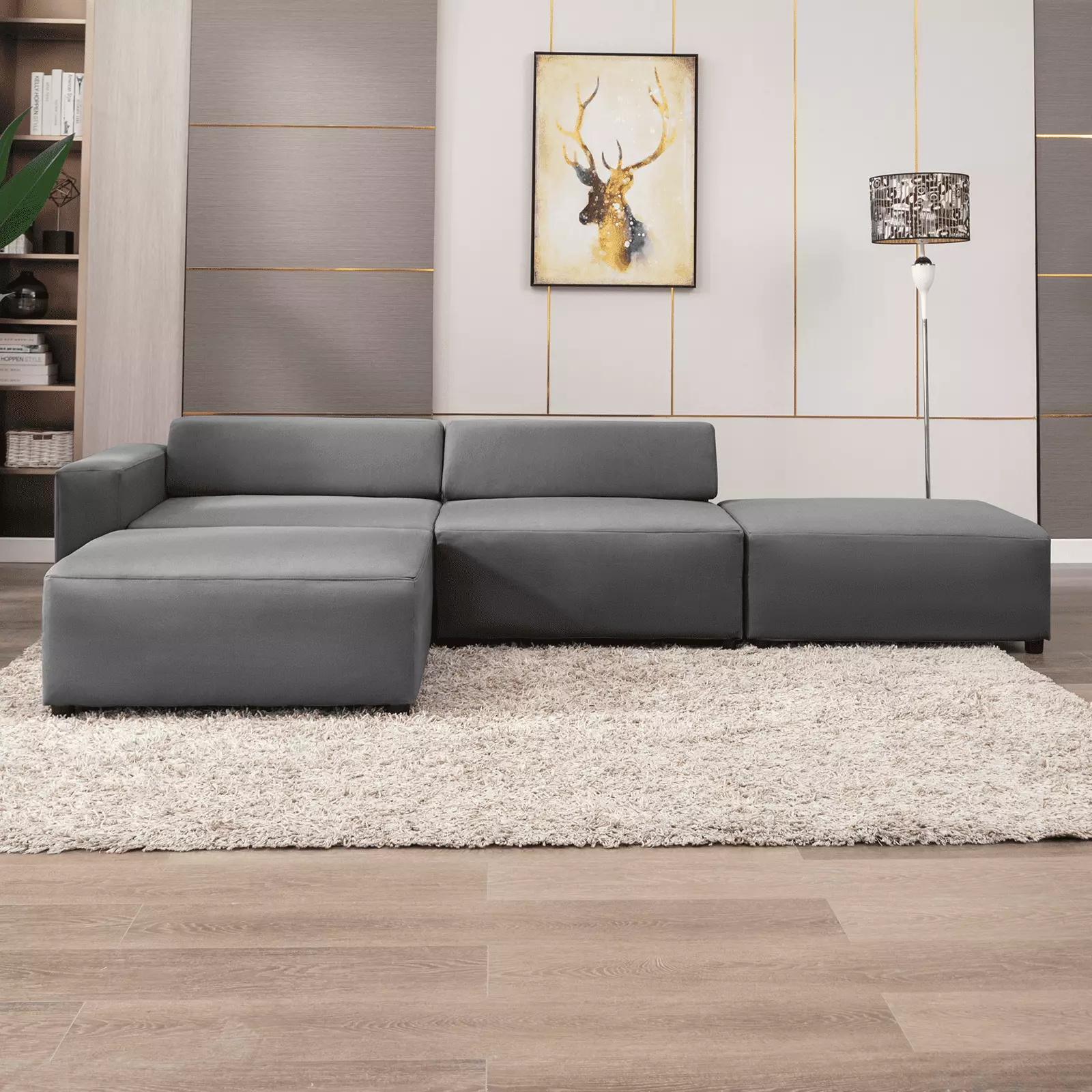 MUZZ L-Shape Modular Sectional Sofa.Oversized Faux Leather Couch for Living Room(Light Grey)