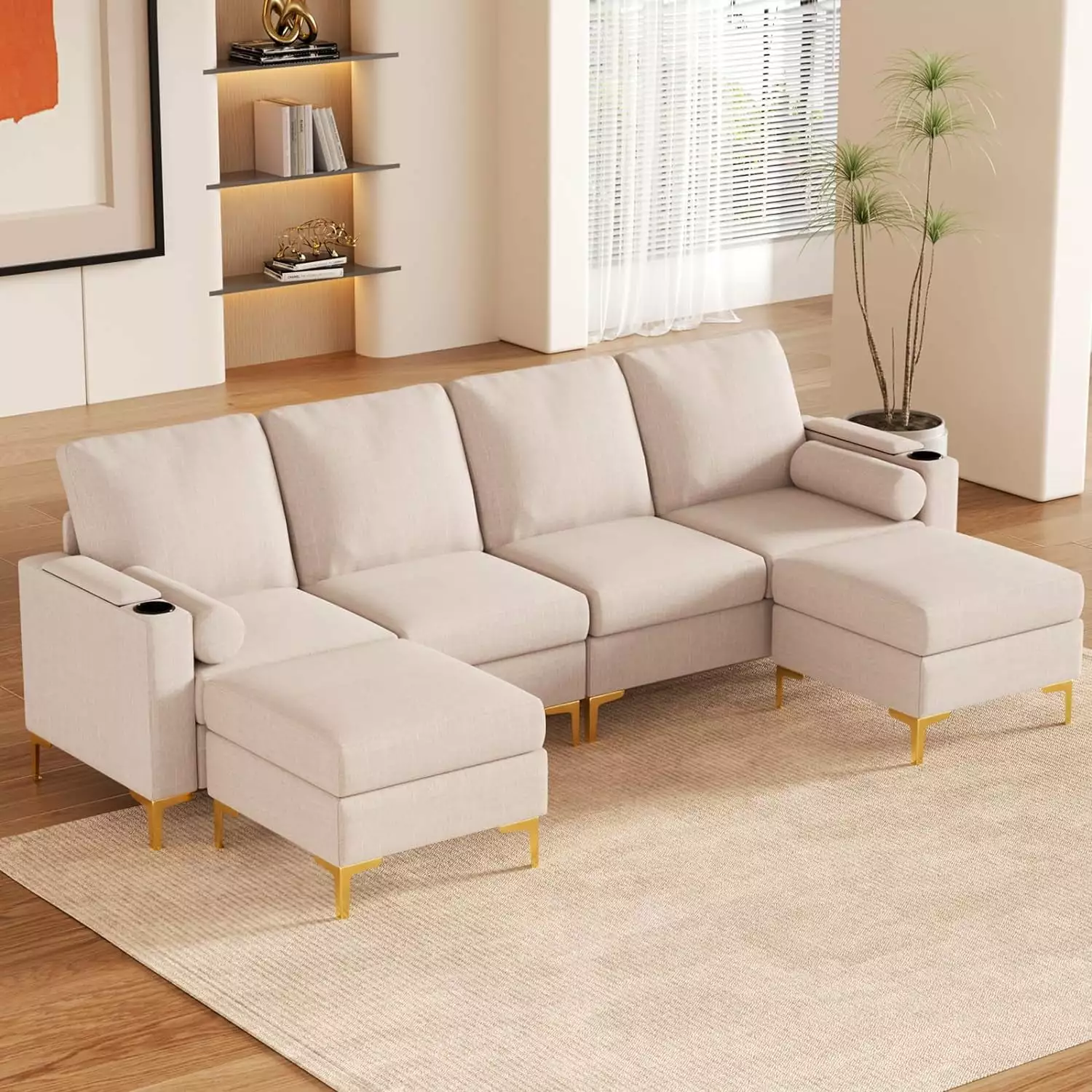 MUZZ Reversible Sectional Sofa.U-Shape Convertible Sleeper Couch w/Ottoman for Living Room.Beige