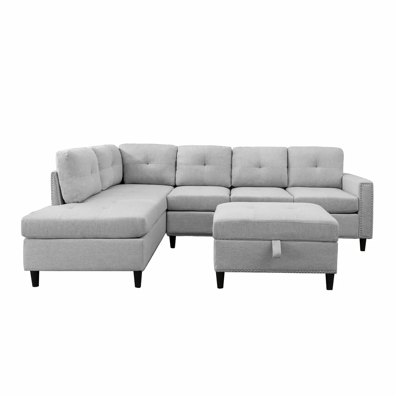 MUZZ Sectional Sofa with Reversible Chaise. L-Shaped Sofa Set with Storage Ottoman. Sectional Couch with Cup Holders (Light Grey)