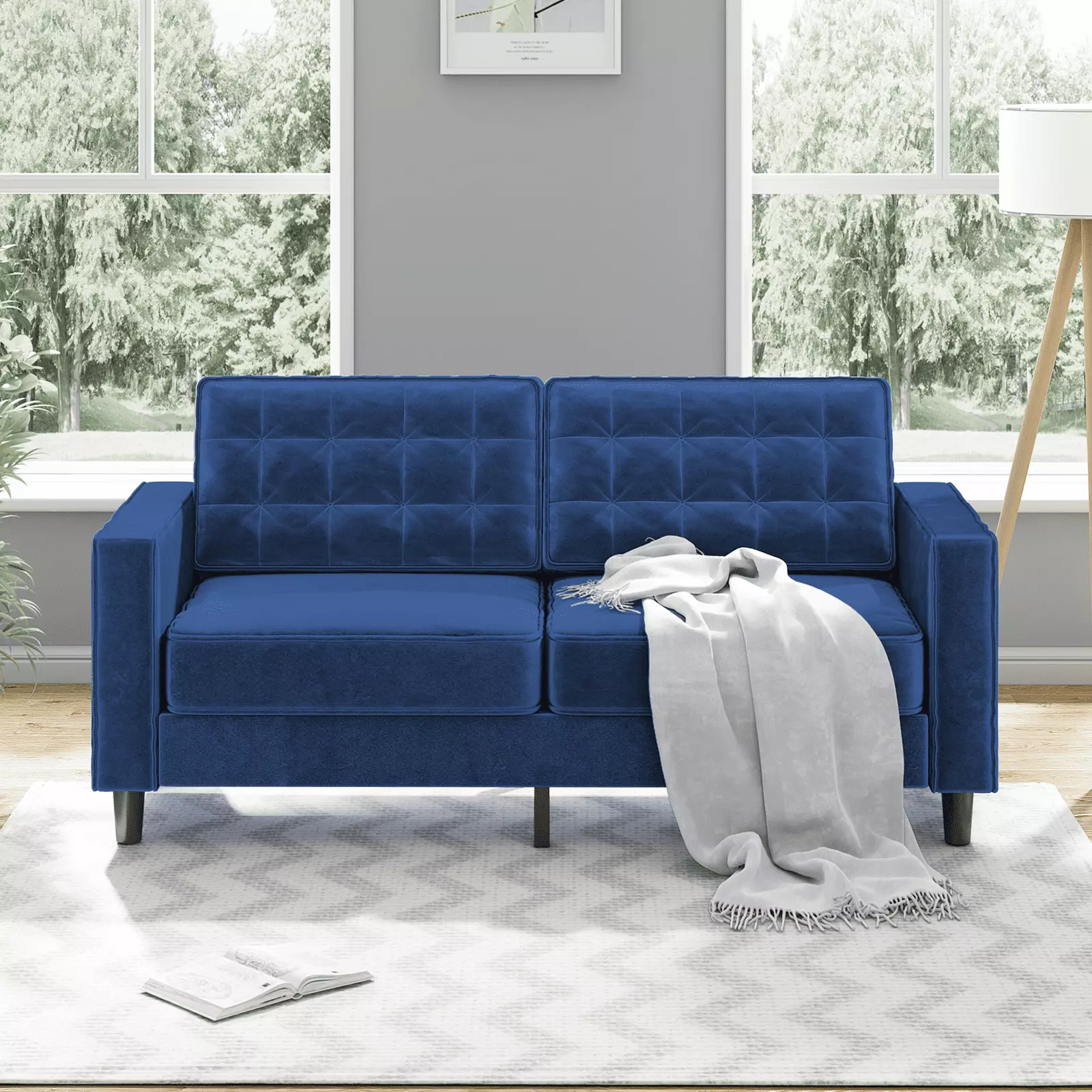 MUZZ Velvet Loveseat Sofa. Modern Upholstered Love Seat Sofa with Tufting-Bolster. Love Seat Furniture for Small Spaces. Living Room. Bedroom. Office(Blue)