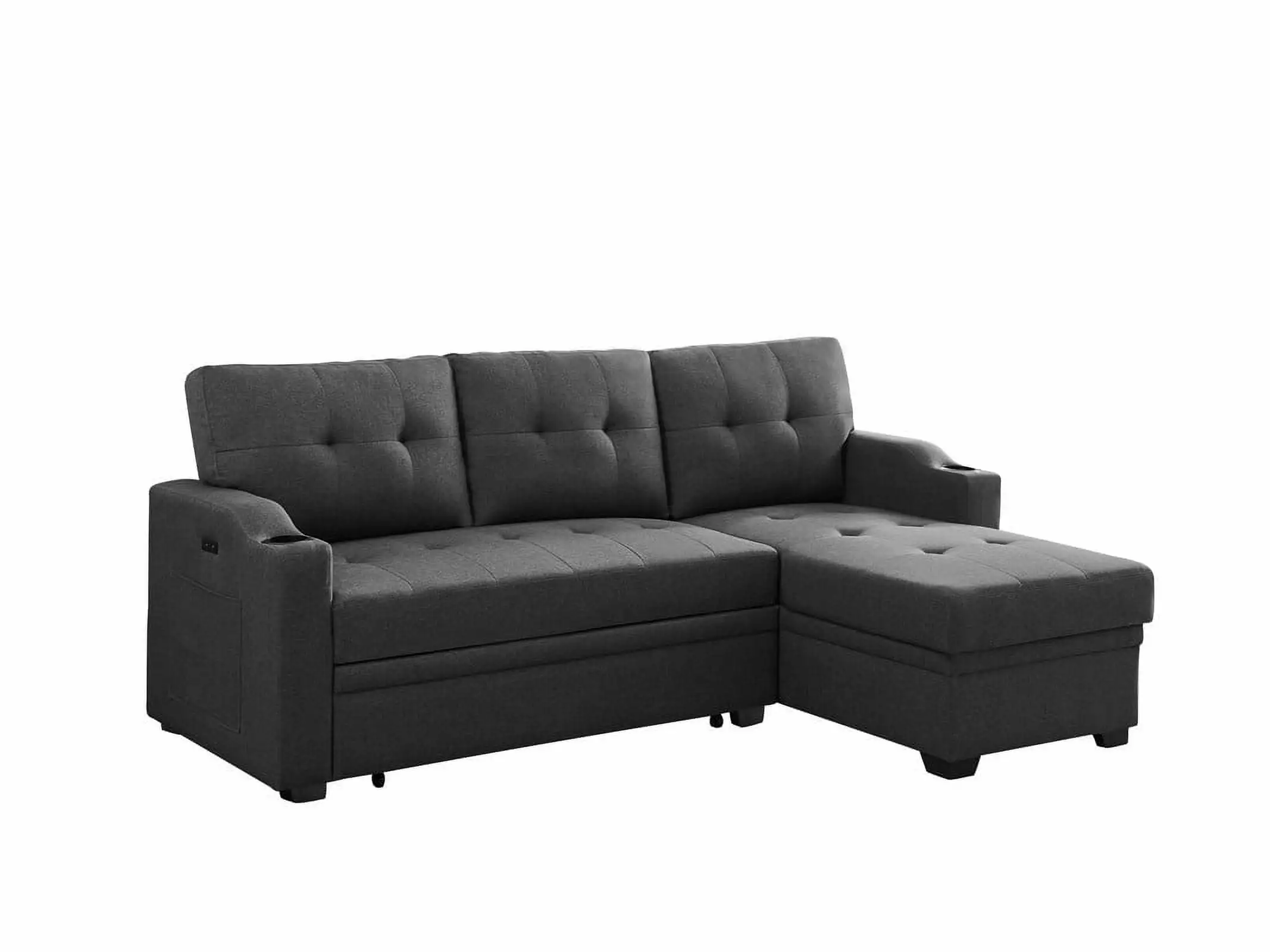 Mabel 83 Dark Gray Linen Fabric Sleeper Sectional with cupholder. USB charging port and pocket