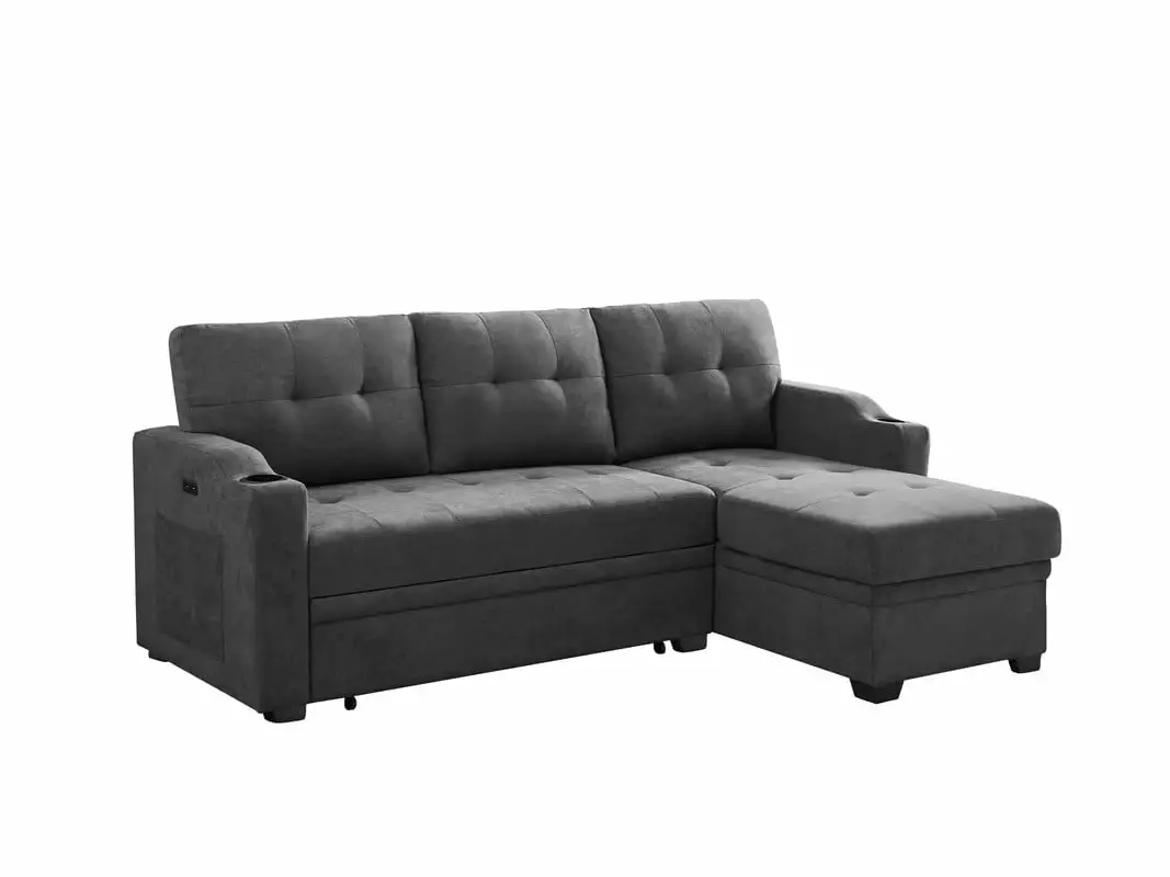 Mabel 83 Dark Gray Woven Fabric Sleeper Sectional with cupholder. USB charging port and pocket