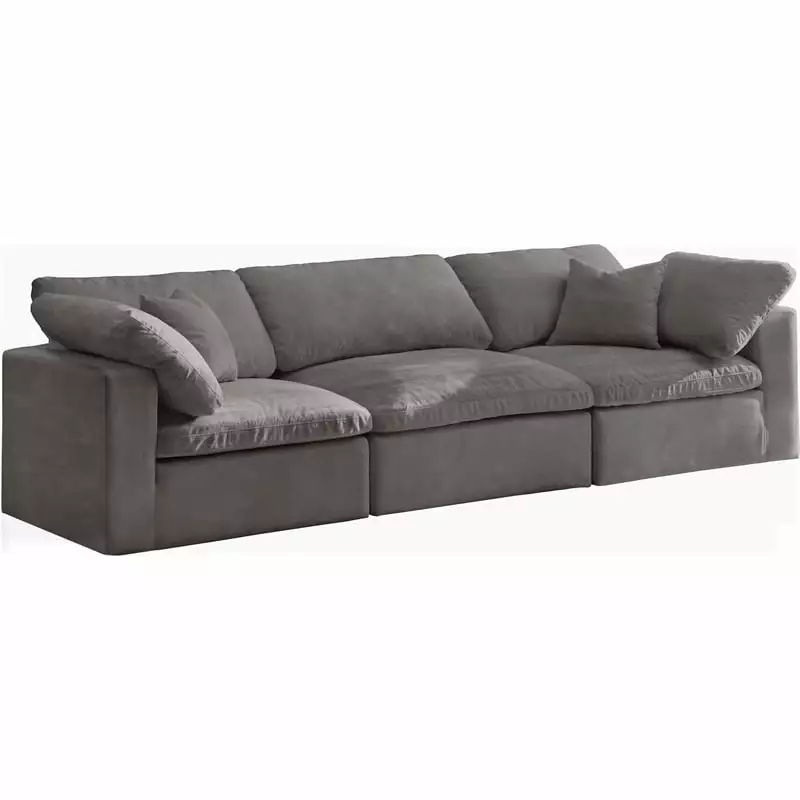 Maklaine Contemporary Gray Velvet Modular 3 Piece Sofa