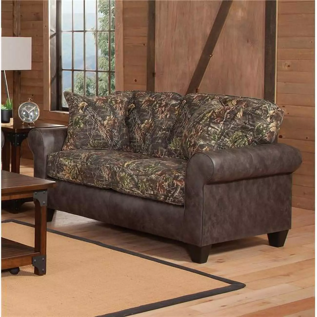 Maumelle Loveseat with Two Decorative Throw Pillows. Camoflauge