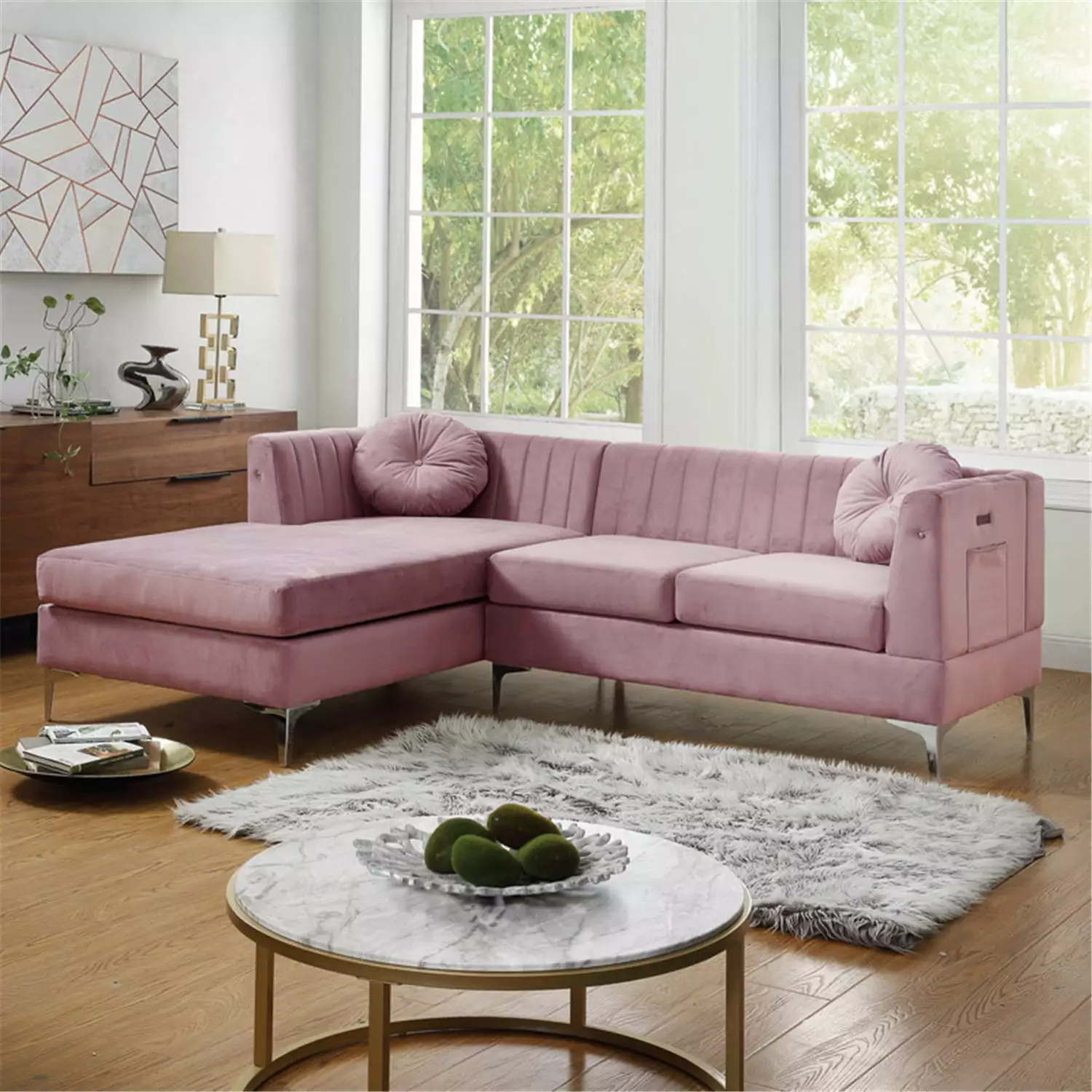 Maykoosh Rustic Revival Pink Velvet Sectional Sofa Chaise with USB Charging Port