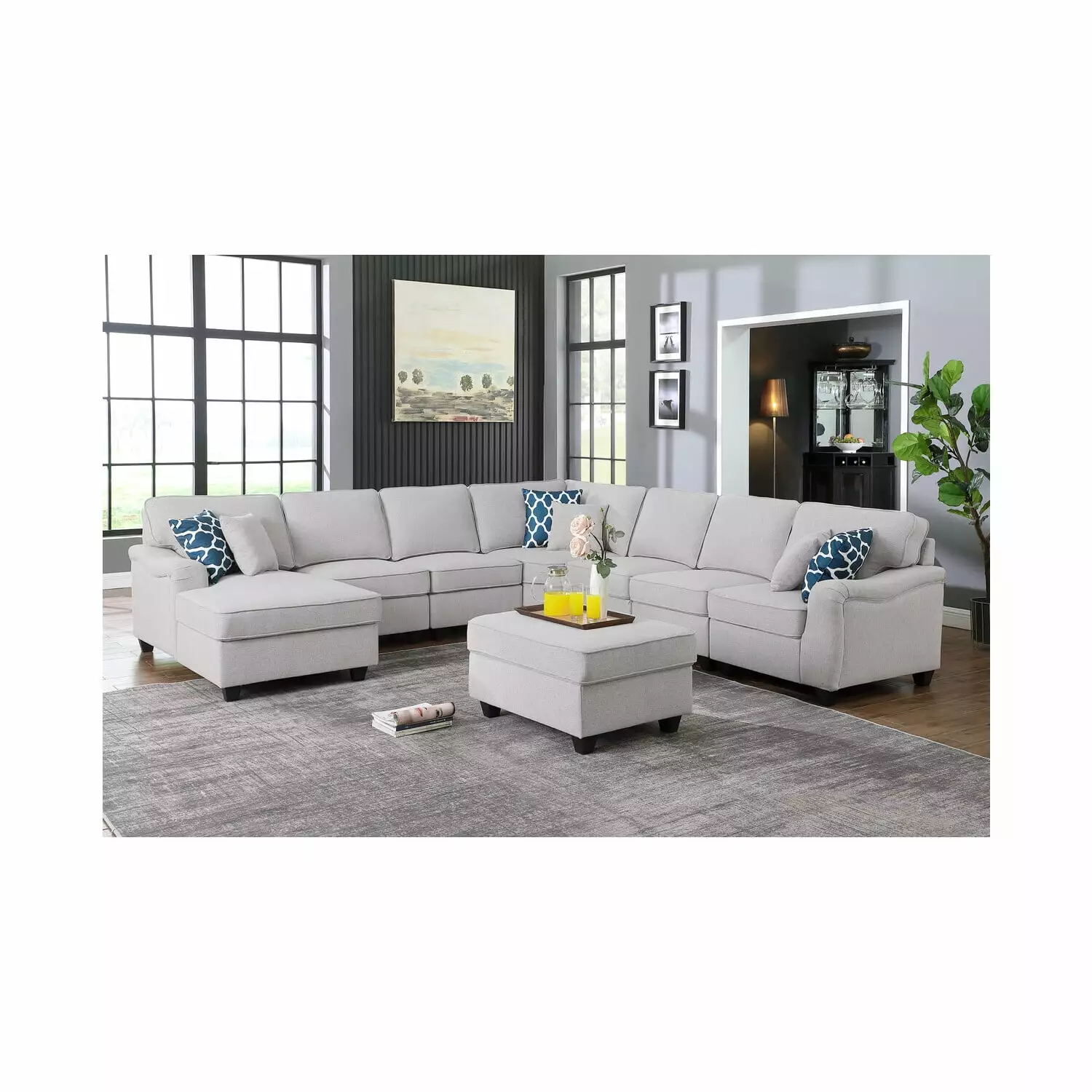 Maykoosh Timeless Tradition Light Gray Linen 8Pc Modular L-Shape Sectional Sofa Chaise and Ottoman