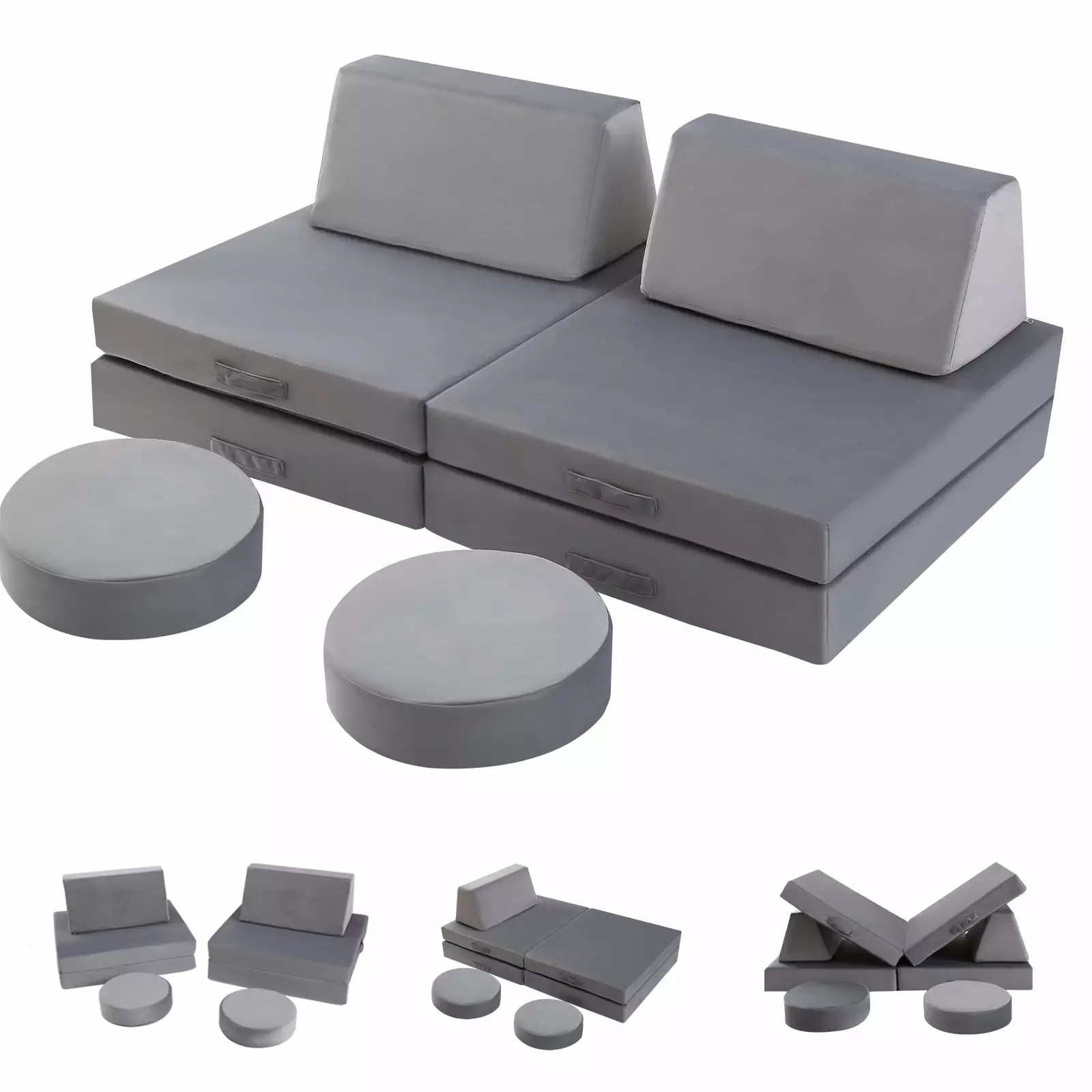 MeMoreCool Kids Couch Sofa Modular Toddler Couch for Bedroom Playroom. 8-Piece Fold Out Couch Play Set for Imaginative Boy Girl. Creative Baby Couch Children Convertible Sofa Kids Foam Couch. Grey