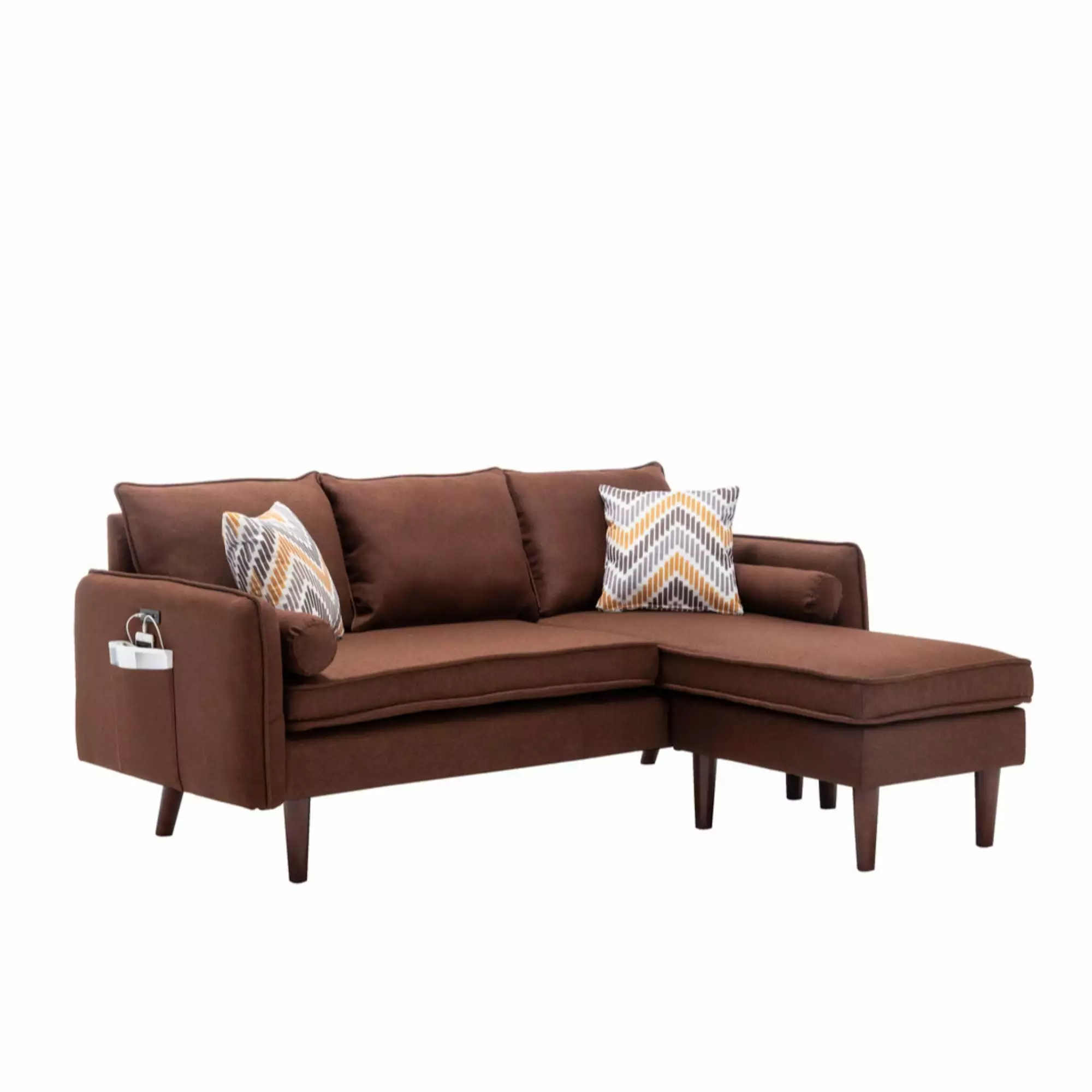 Mia Linen Fabric Sectional Sofa Chaise with USB Charger & Pillows in Brown