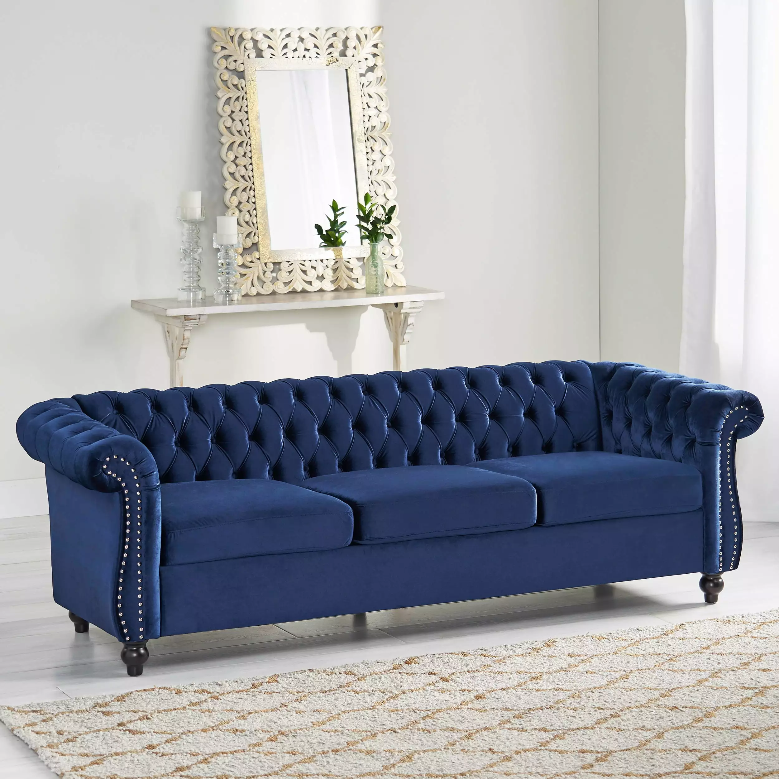 Mid-Century Blue Velvet Chesterfield Sofa Couch. Upholstered Button Tufted Sofa with Nailhead Trim and Scrolled Arms. Classic Sofa for Living Room