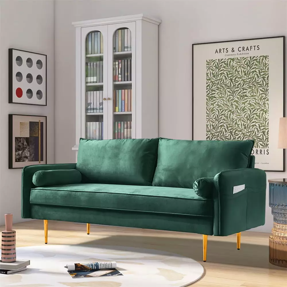 Mid Century Modern Velvet Sofa. Loveseat Sofa with Side Pockets. Backrests and Toss Pillows. 3 Seat Sofa Couch with Metal Legs for Living Room Bedroom Office. Green