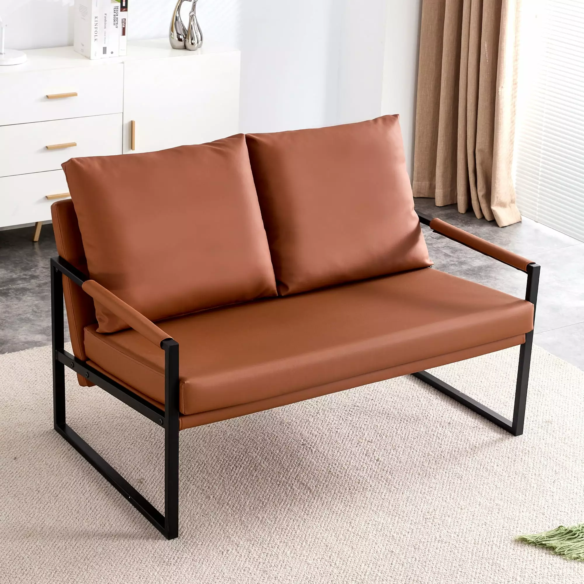 Mid-Century PU Leather Loveseats Sofa Couch.Modern 2-Seater Sofa with 2 Pillows.Upholstered Small Sofa with Metal Frame for Living Room. Bedroom and Office.Brown