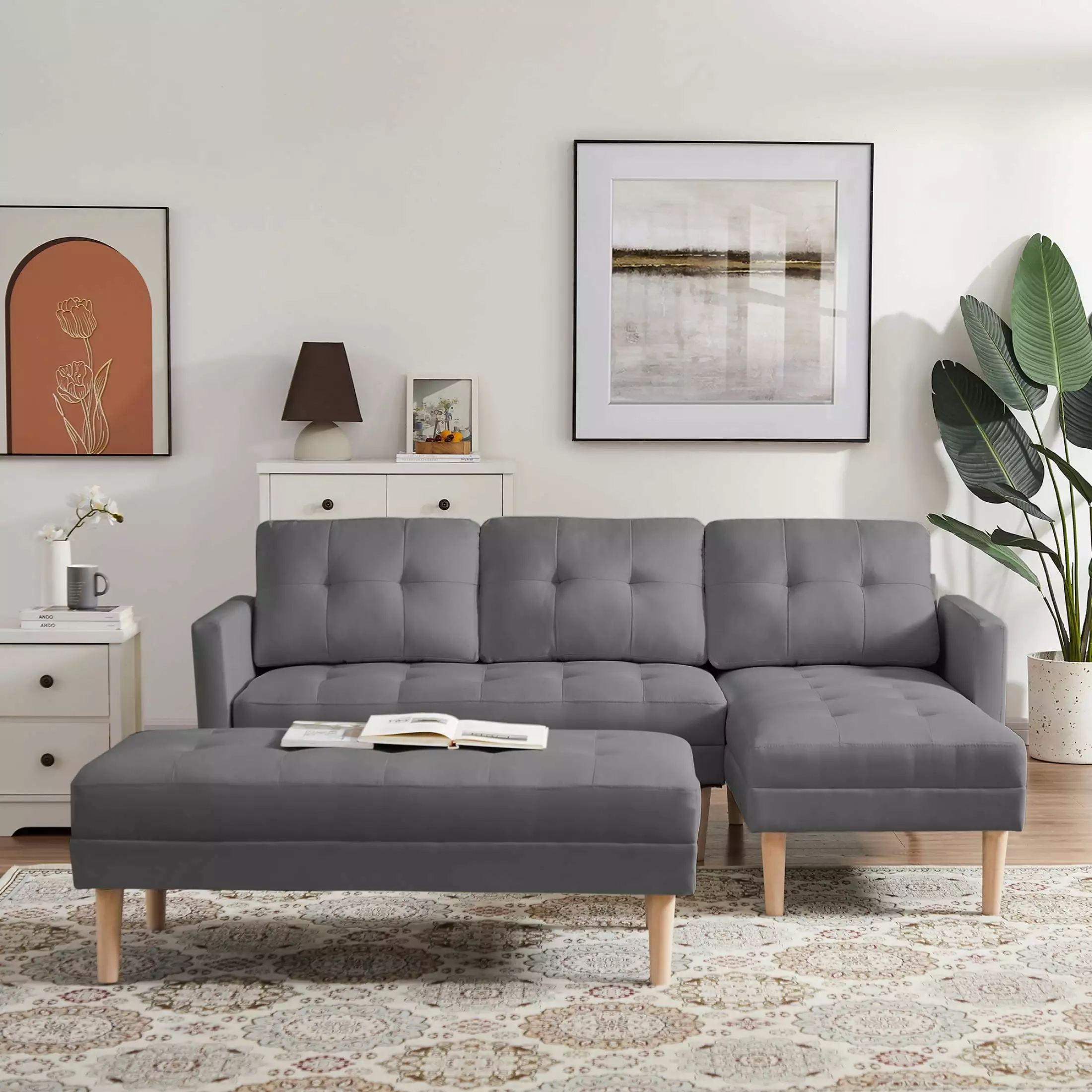 Miekor Furniture GREY Fabric Right Facing Sectional Sofa Bed. L-shape Sofa Chaise Lounge with Ottoman Bench W4US0073