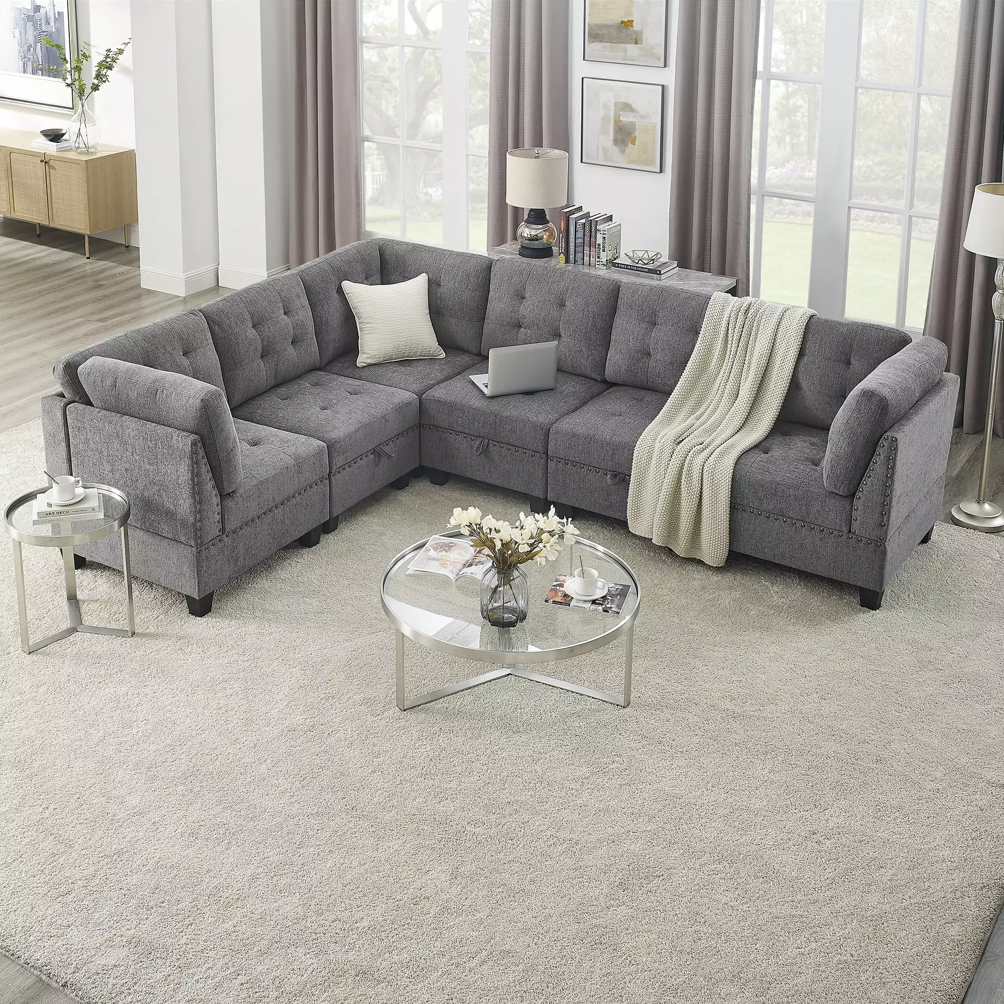 Miekor Furniture L shape Modular Sectional Sofa.DIY Combination.includes Three Single Chair and Three Corner .Grey Chenille 00202