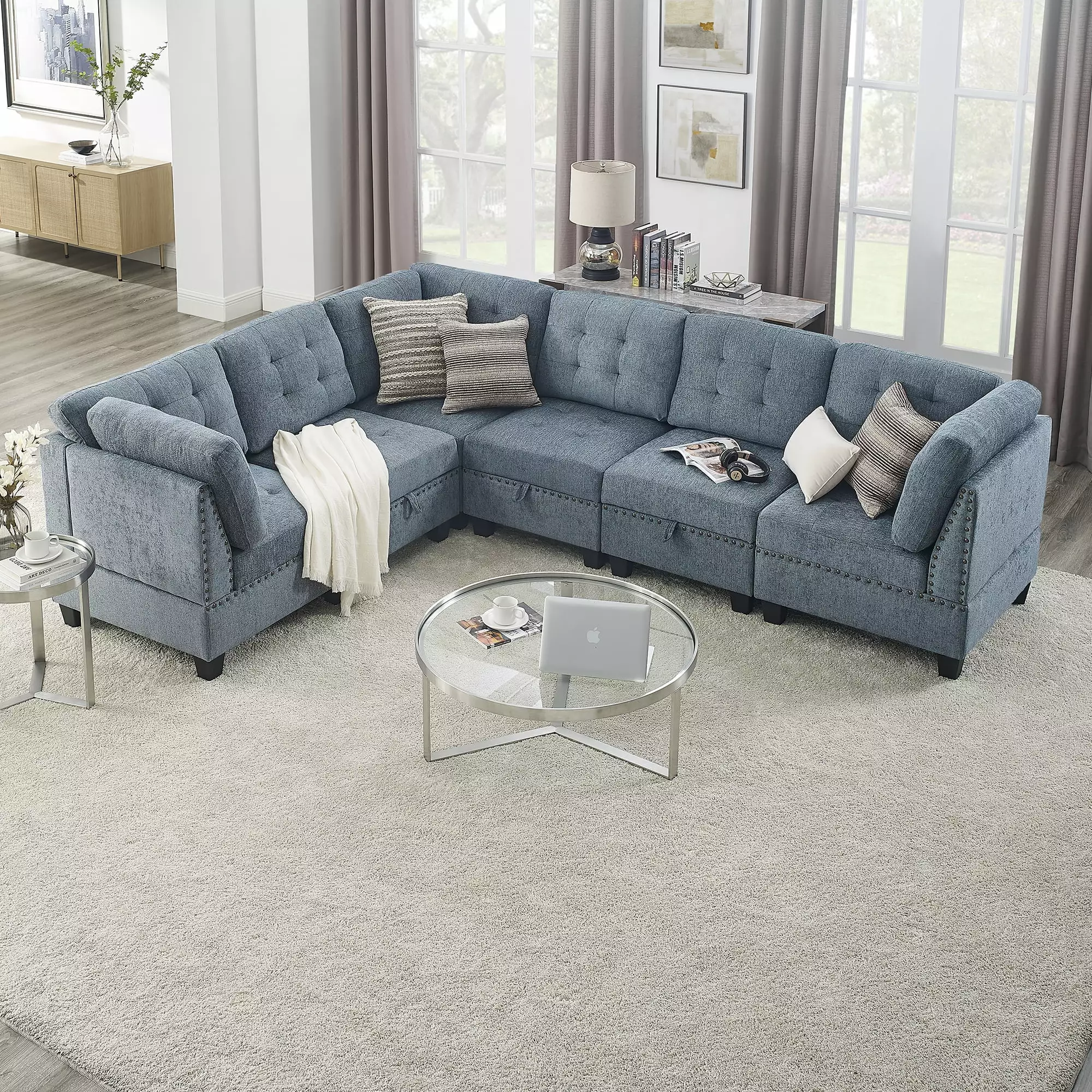 Miekor Furniture L shape Modular Sectional Sofa.DIY Combination.includes Three Single Chair and Three Corner .Navy Chenille 00192