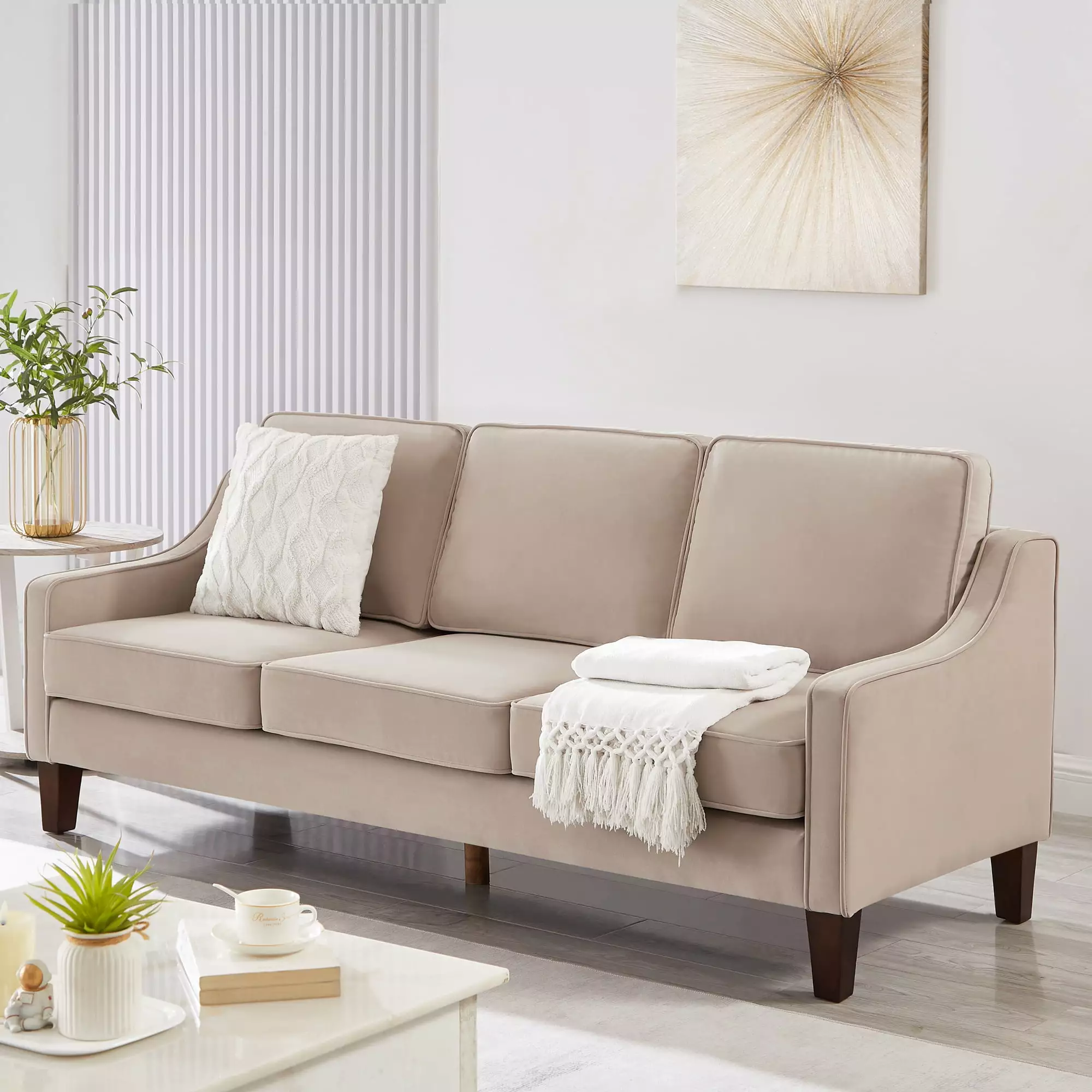 Miekor Furniture Modern 3 Piece seat Sofa Couch with Scooped Armrest/Wood legs.Upholstered Velvet 3-seat Sofa with Removable Cushions for Livingroom Bedroom.Taupe W4US3473