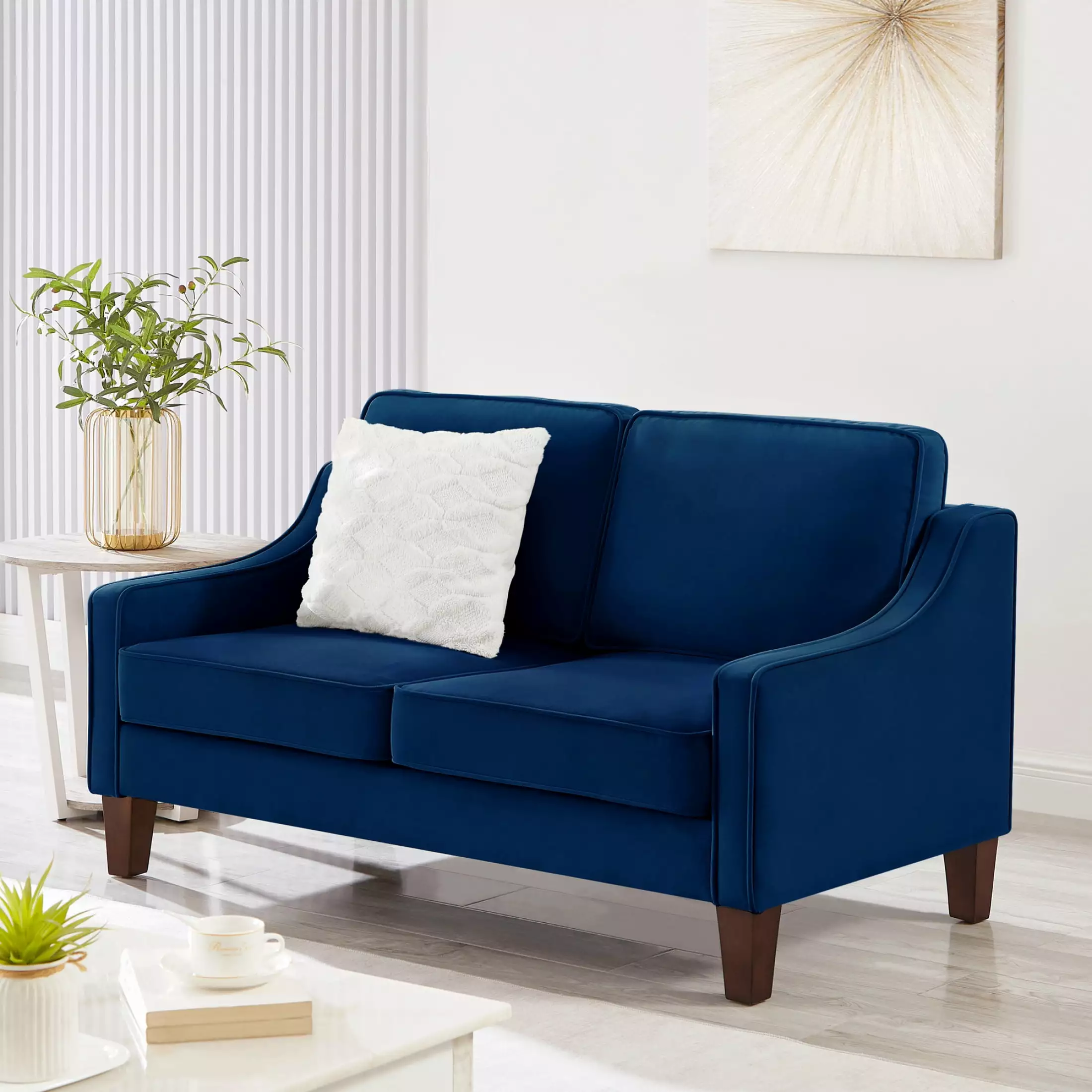 Miekor Furniture Modern Loveseat sofa for Living Room. Upholstered Velvet Small Couch with Wooden Legs for Livingroom Bedroom. Navy W4US3468