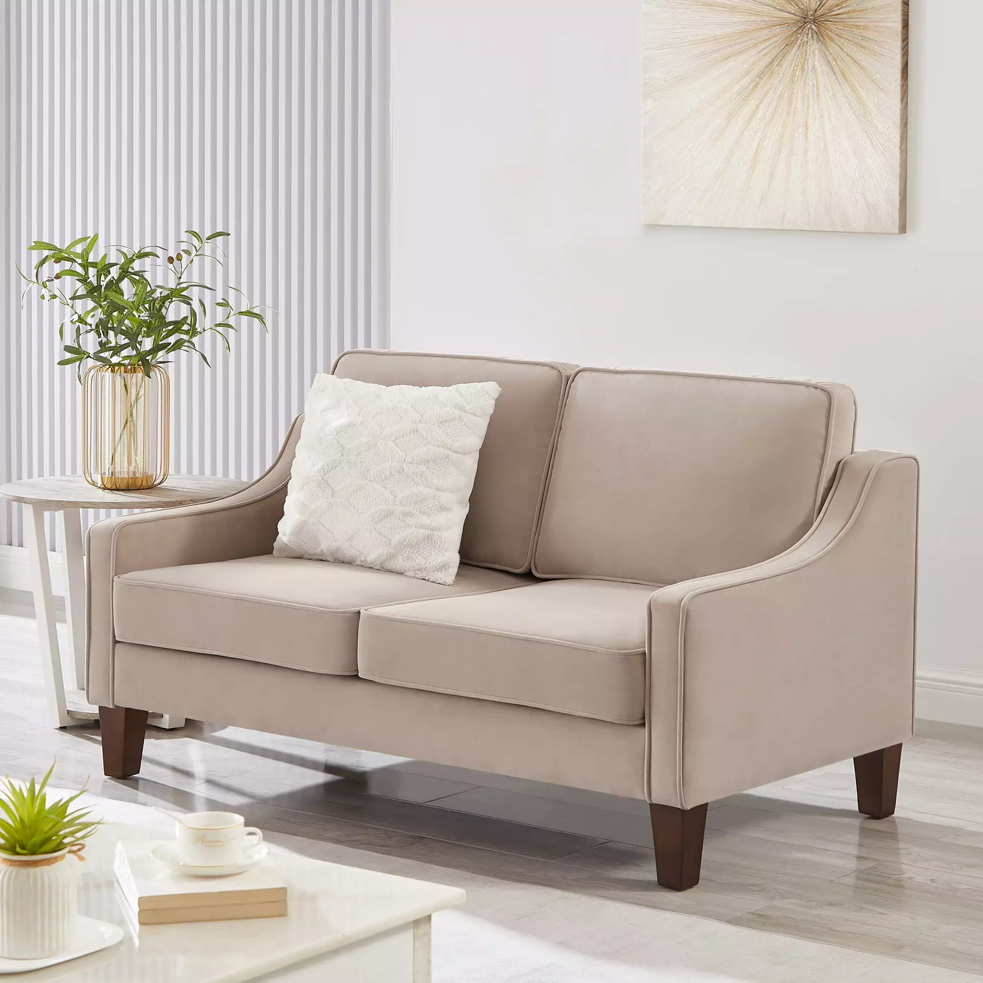 Miekor Furniture Modern Loveseat sofa for Living Room. Upholstered Velvet Small Couch with Wooden Legs for Livingroom Bedroom. Taupe W4US3470