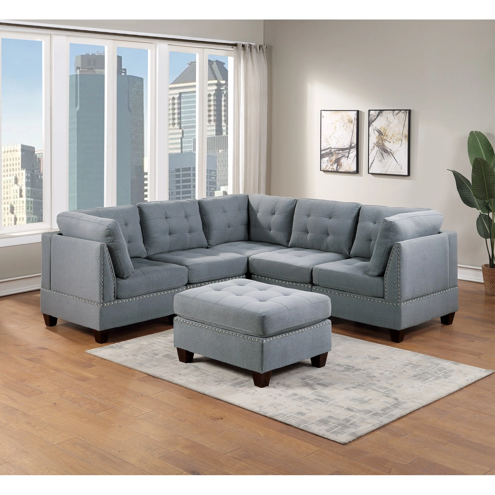 Miekor Furniture Modular Sectional 6pc Set Living Room Furniture Corner Sectional Tufted Nail heads Couch Gray Linen Like Fabric 3x Corner Wedge 2x Armless Chairs and 1x Ottoman W5U414