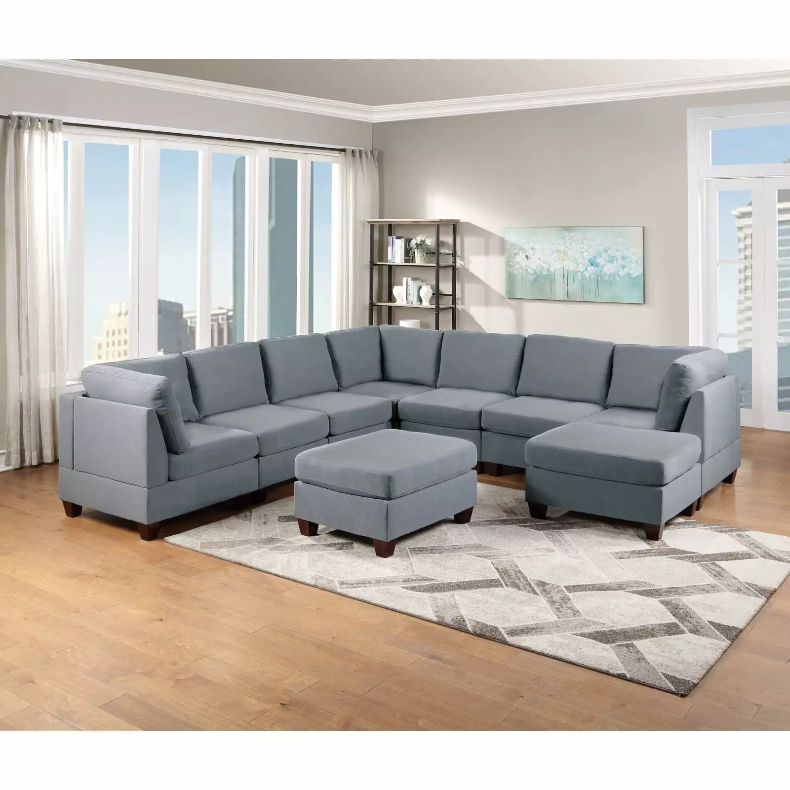 Miekor Furniture Modular Sectional 9pc Set Living Room Furniture Corner Sectional Couch Grey Linen Like Fabric 3x Corner Wedge 4x Armless Chairs and 2x Ottomans W5U337