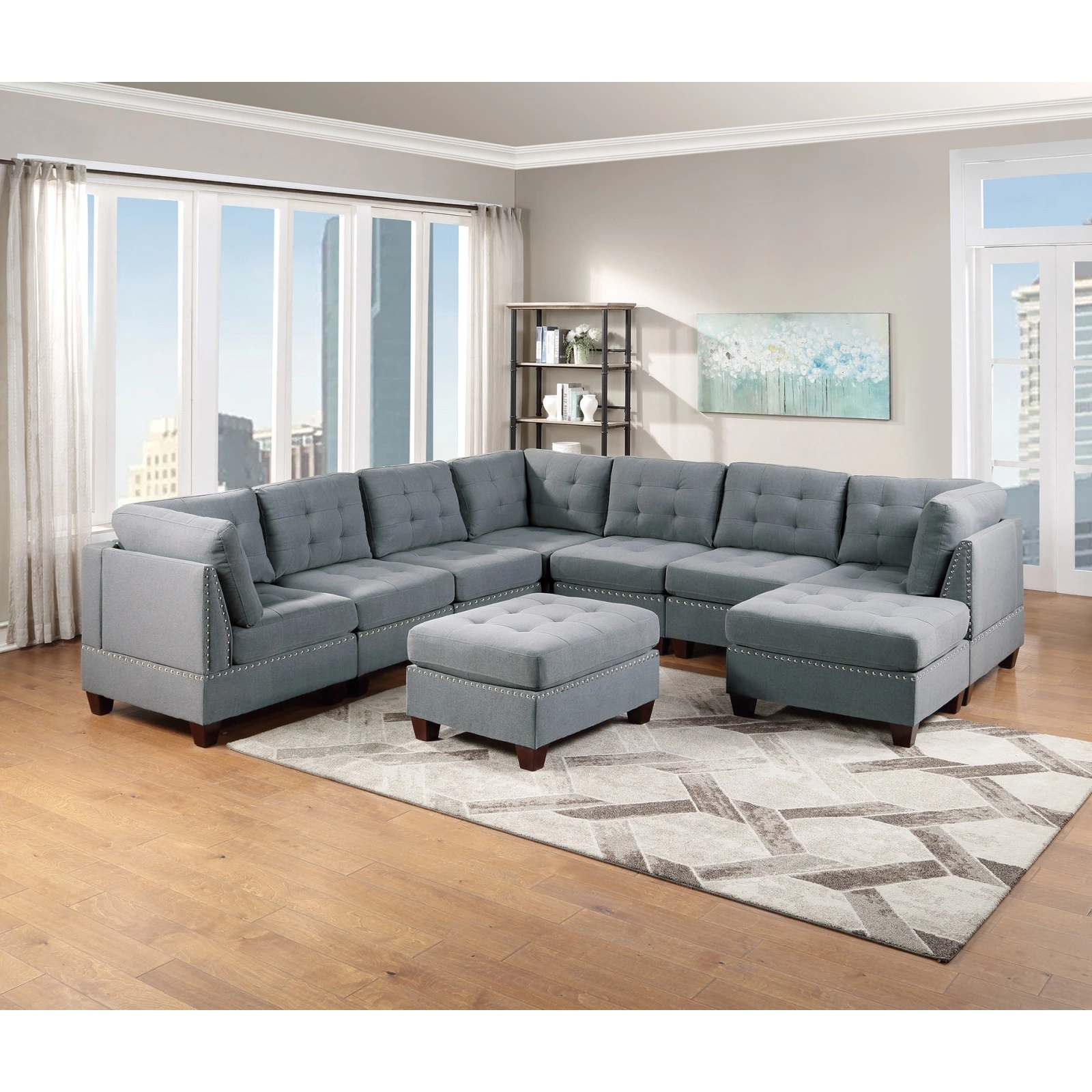 Miekor Furniture Modular Sectional 9pc Set Living Room Furniture Corner Sectional Tufted Nail heads Couch Gray Linen Like Fabric 3x Corner Wedge 4x Armless Chairs and 2x Ottomans W5U413