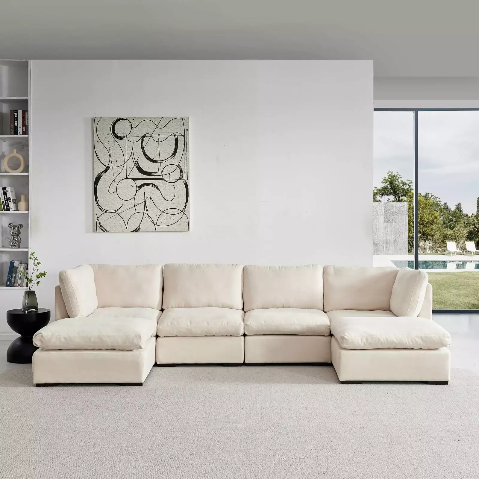 Miekor Furniture Modular Sofa with Ottoman.Filled with Down .Soft Linen Fabric.Beige W5U075