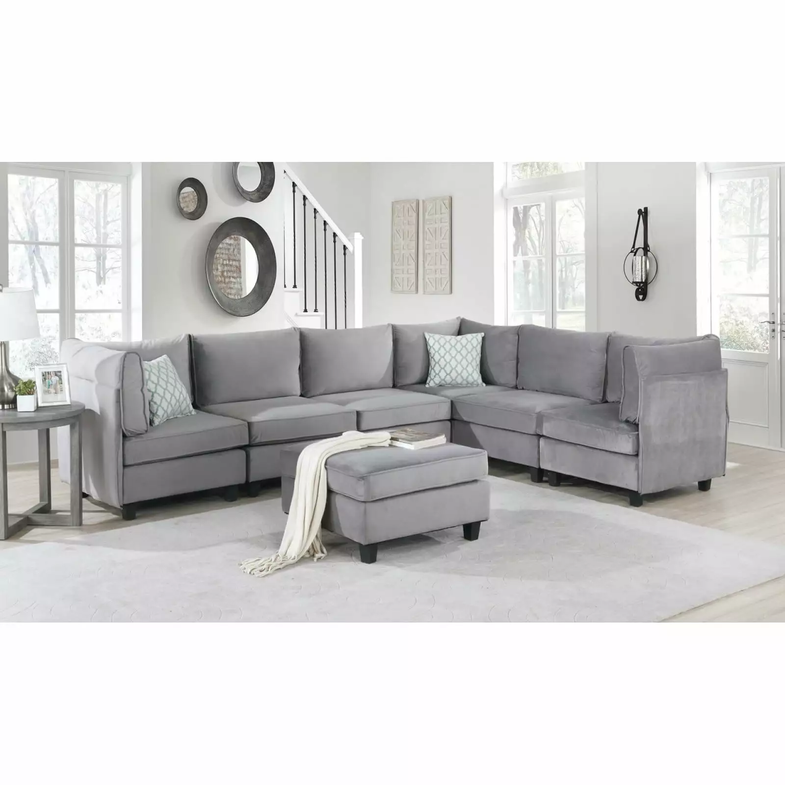 Miekor Furniture Simona 120 Gray Velvet 7Pc Modular Sectional Sofa W5U213