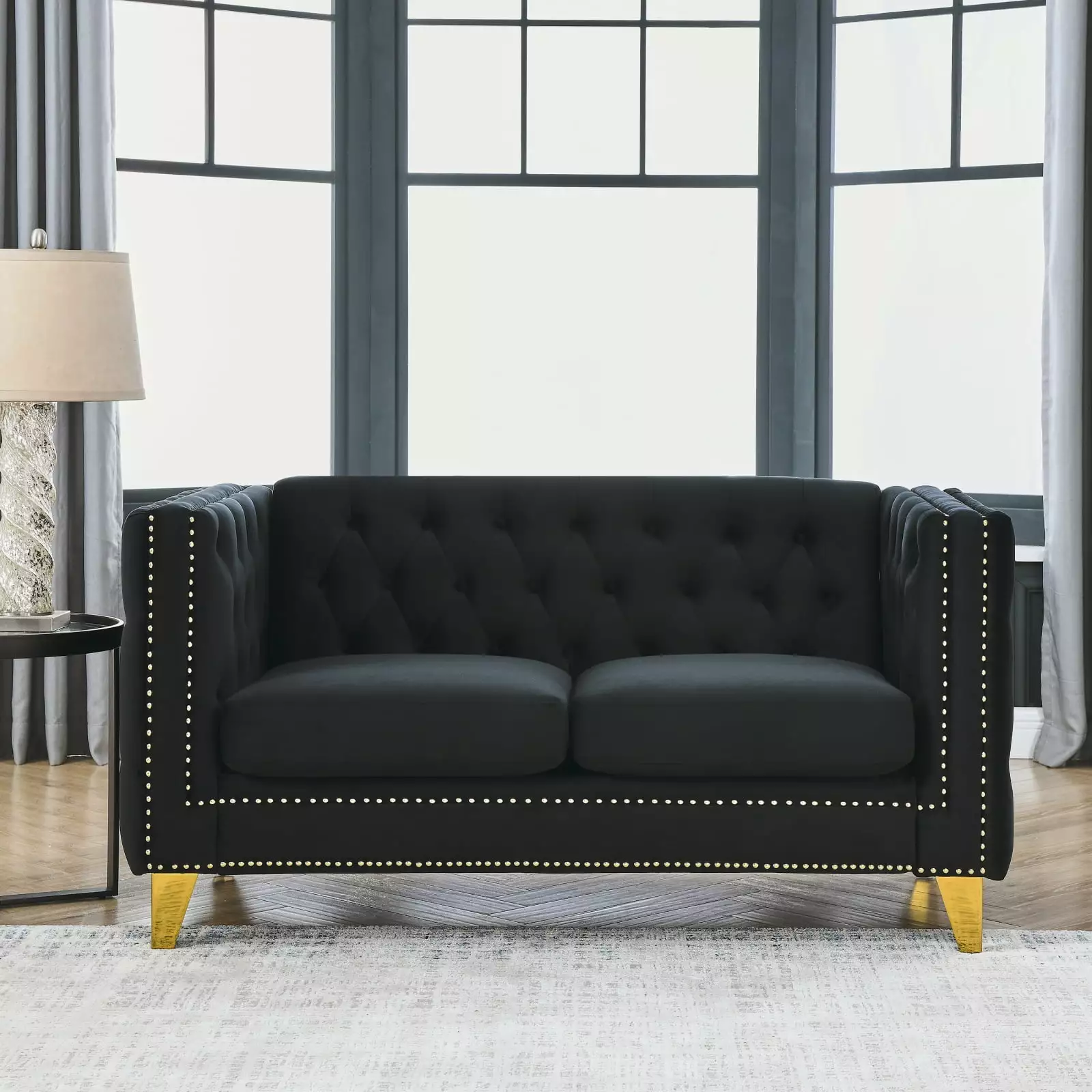 Miekor Furniture Velvet Sofa for Living Room.Buttons Tufted Square Arm Couch. Modern Couch Upholstered Button and Metal Legs. Sofa Couch for Bedroom. Black Velvet-2S 00053