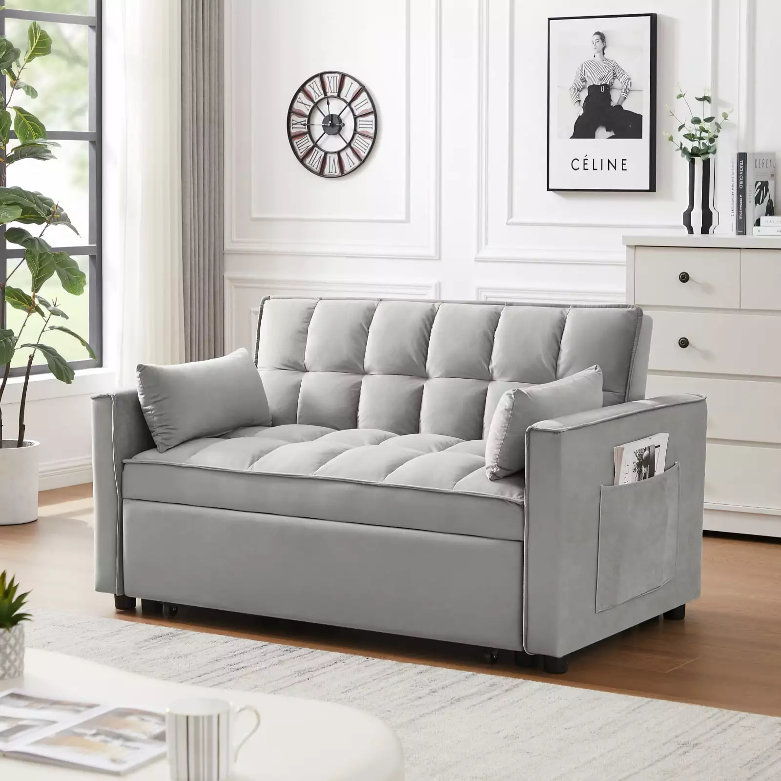 Miekor Modern Velvet Loveseat Futon Sofa Couch w/Pullout Bed.Small Love Seat Lounge Sofa w/Reclining Backrest.Toss Pillows. Pockets.Furniture for Living Room.3 in 1 Convertible Sleeper Sofa Bed 26219