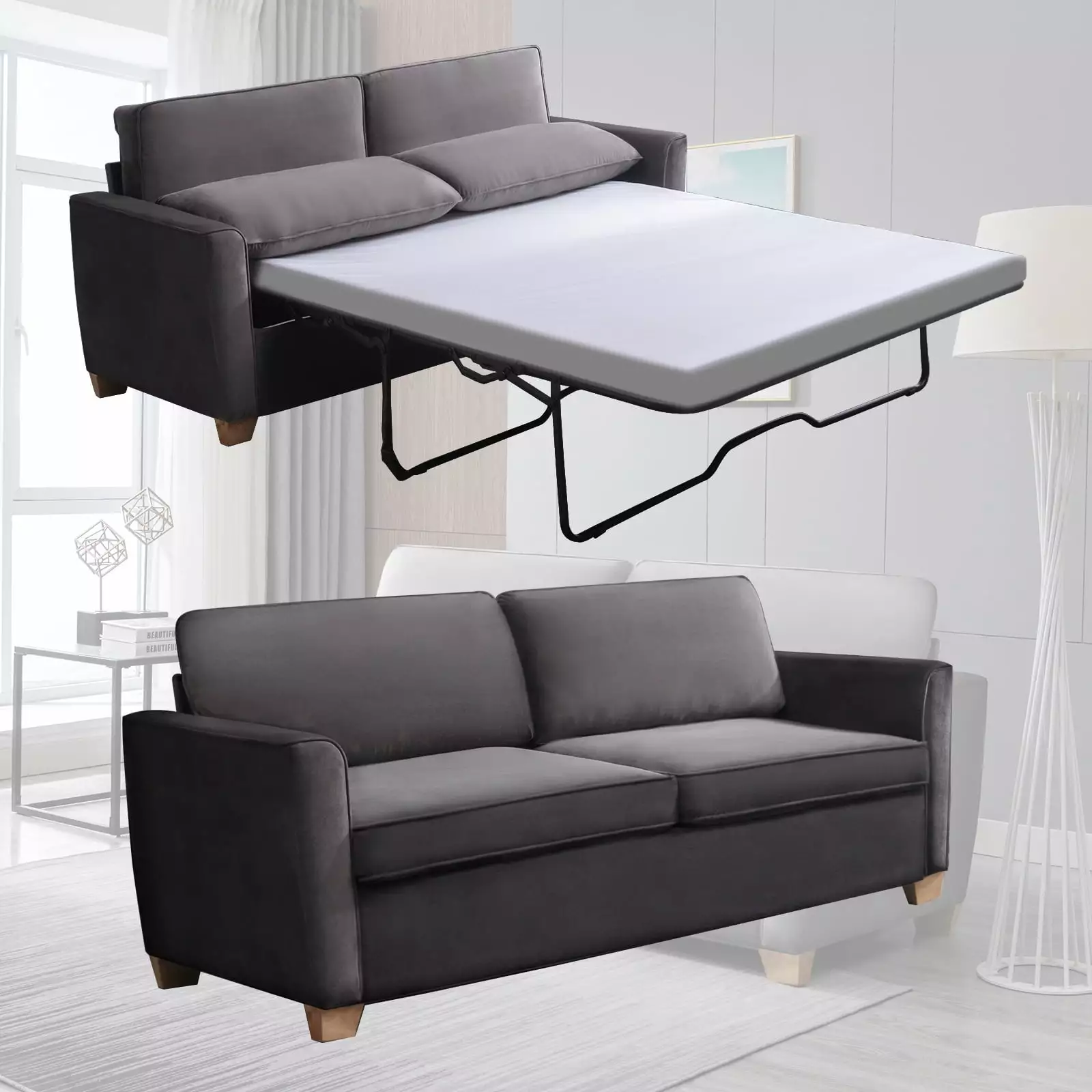 Mixoy 2-in-1 Pull Out Sofa Bed. Velvet Loveseat Sleeper Sofa Bed with Folding Mattress. Pull Out Couch Bed Suitable for Living Room. Full Size Sofa Sleeper for Apartment/Small Spaces (Full.Dark Grey)