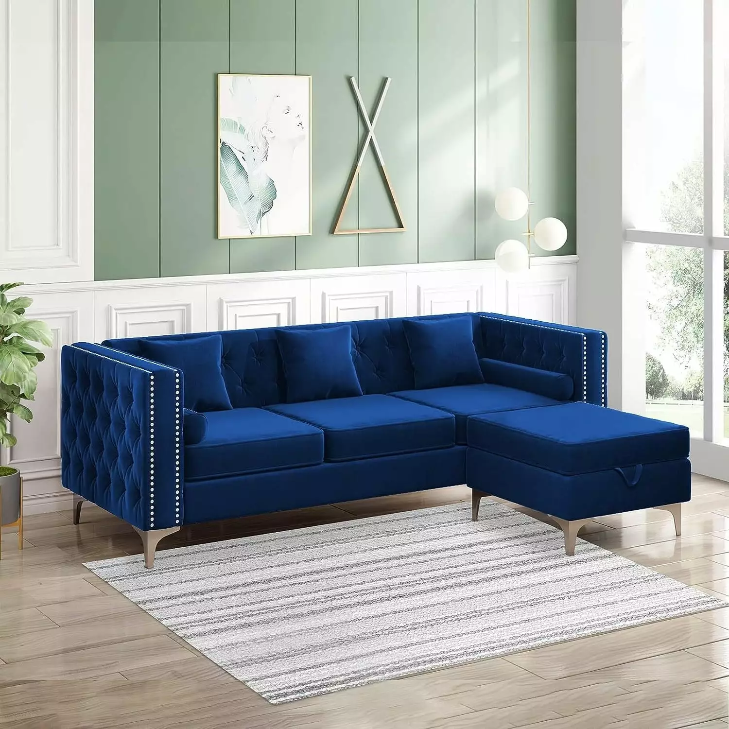 Mixoy Convertible Sectional 3 Seaters Sofa. Velvet Upholstered L Shape Sofa with Cushions.Ottoman Blue