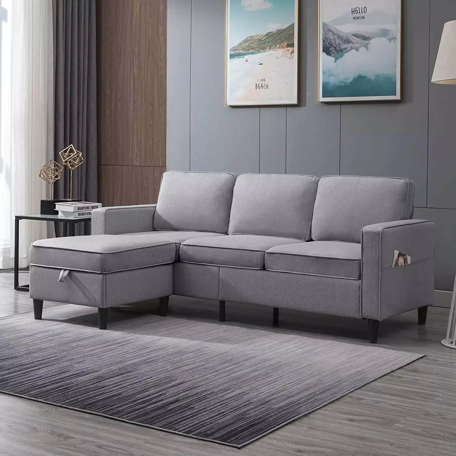 Mixoy Convertible Sectional Sofa Couch. 3 Seat L Shaped Sofa Upholstered Couch with Flexible Storage Ottoman Light Grey