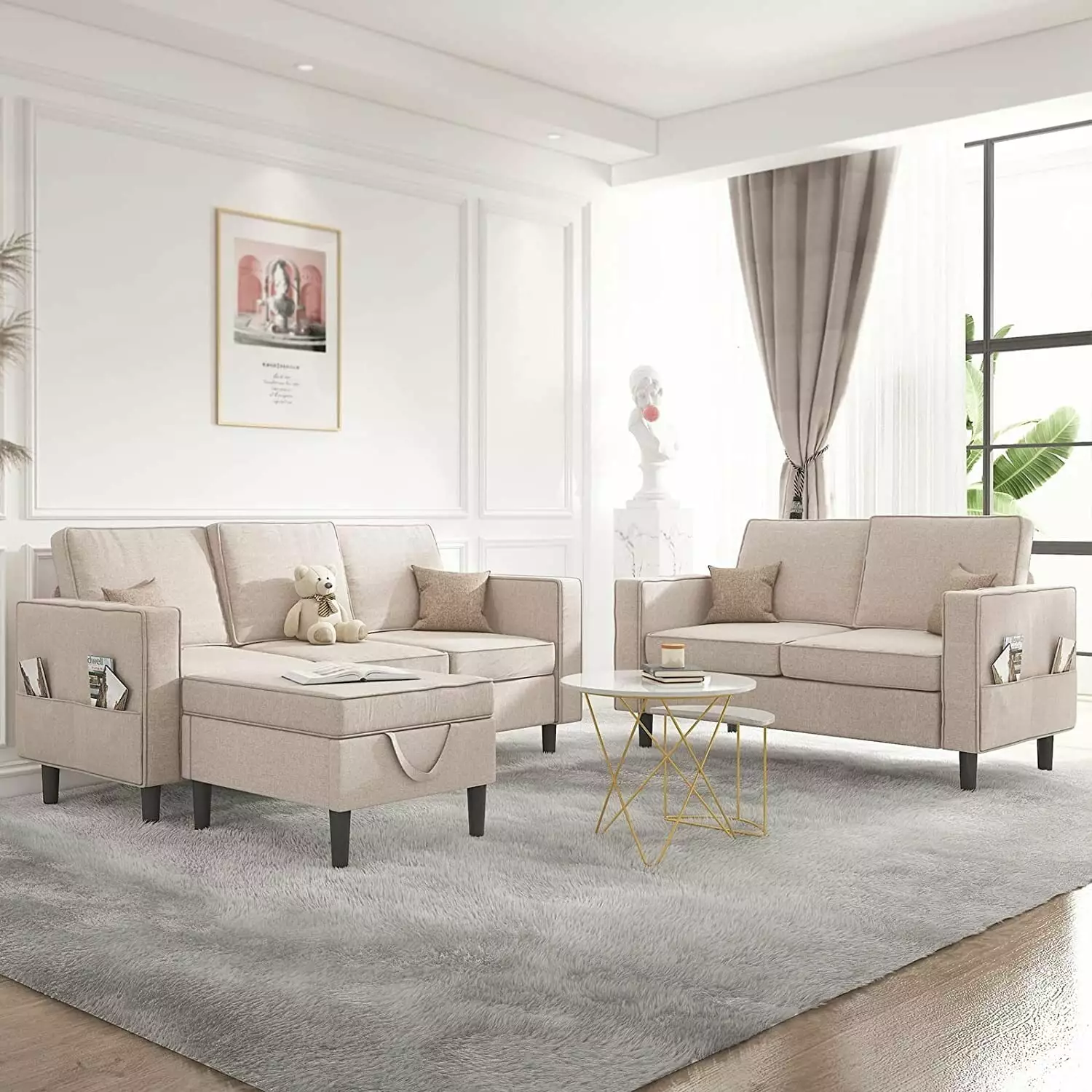 Mixoy Convertible Sectional Sofa Couches.3-Seater with Loveseat.Ottoman Beige