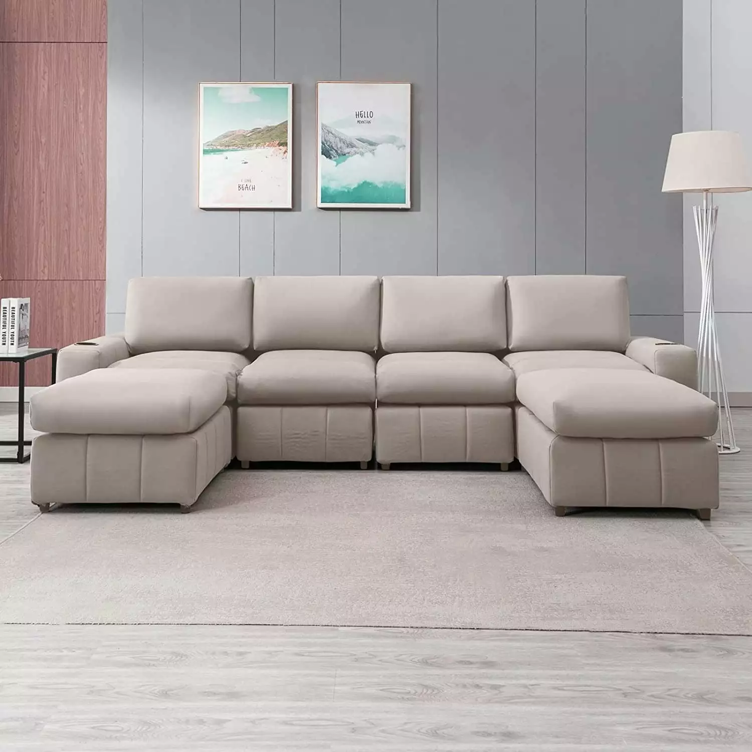 Mixoy Convertible Sectional Sofa with Ottoman.Modular Armrest 6Seat U-Shaped Couch with Cup Holder Beige