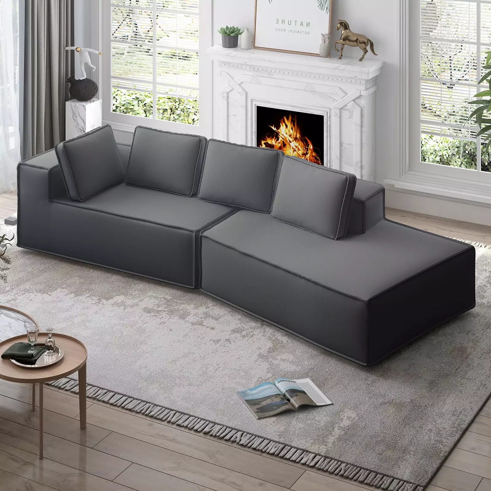 Mjkone 122'' Convertible Sectional Sofa. Oversized Sleeper Couch. Curved Modern Sofas for Living Room - Dark Gray