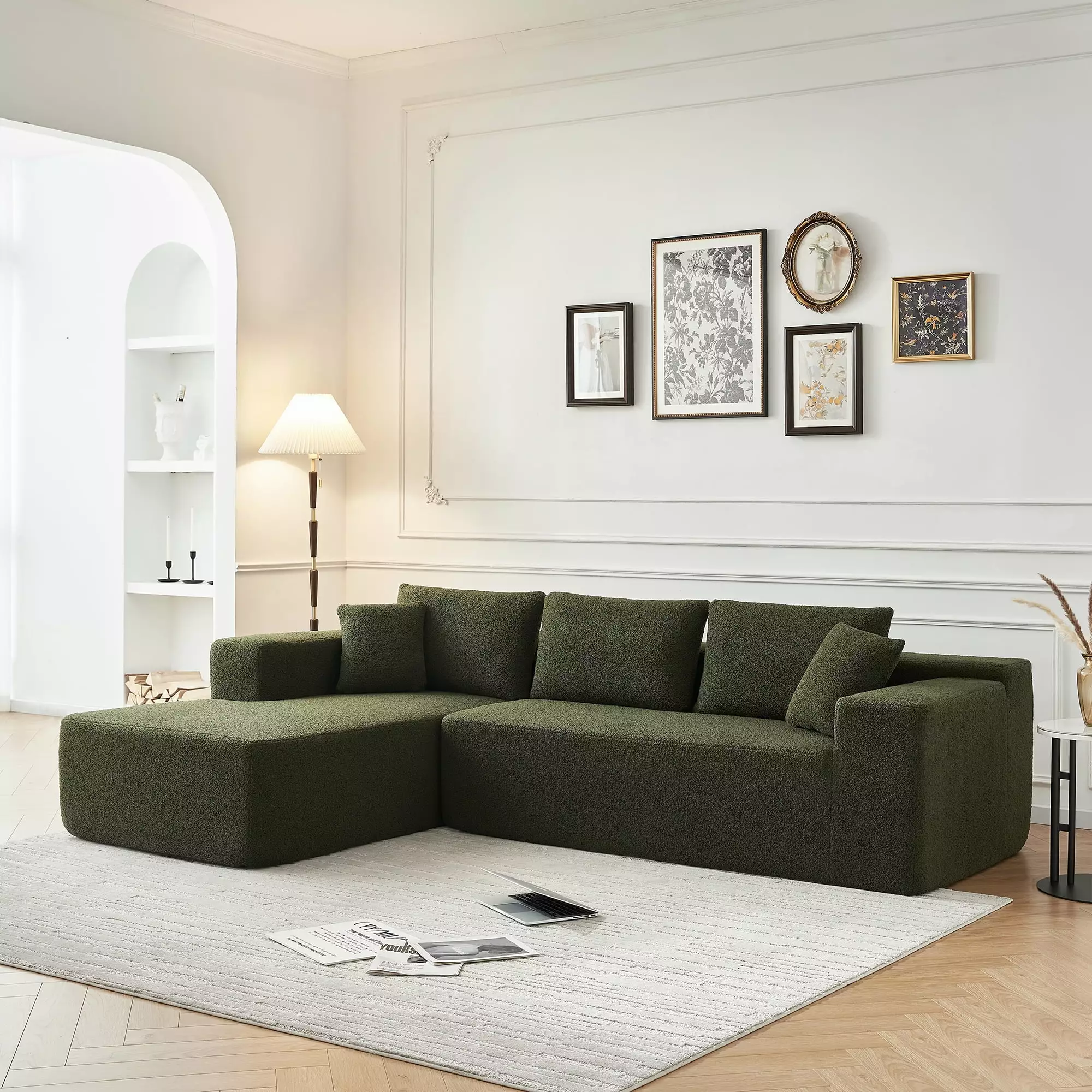 Modern 104'' Modular Sectional Couch. Comfy Lambswool Fabric L-Shape Sofa with Chaise Lounge. Modern Corner Sofa 5 Seater Sectional Sofa Couch For Living Room. Bedroom. Apartment. Green