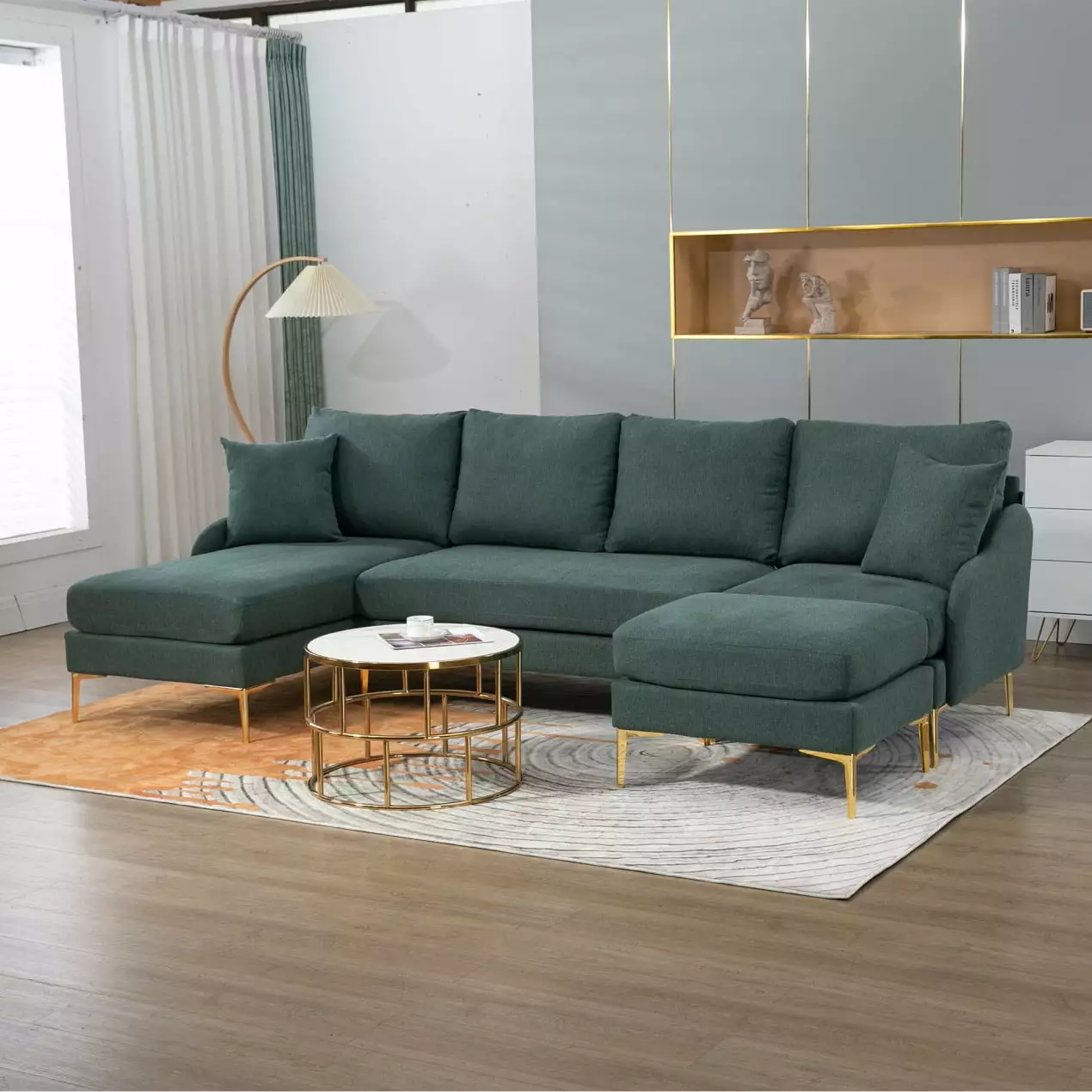 Modern 110'' W U-Shape Sectional Sofa. 4-Seat Sofa Couch with Chaise Lounge and Ottoman. Reversible Left or Right Chaise. Modular Sofa with Golden Metal Legs for Living Room Apartment Office.Green