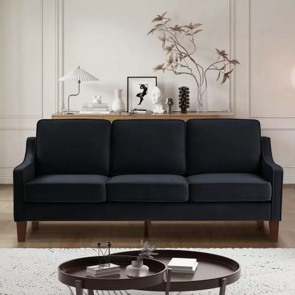 Modern 3 Piece seat Sofa Couch with Scooped Armrest/Wood legs.Upholstered Velvet 3-seat Sofa with Removable Cushions for Livingroom Bedroom.Black