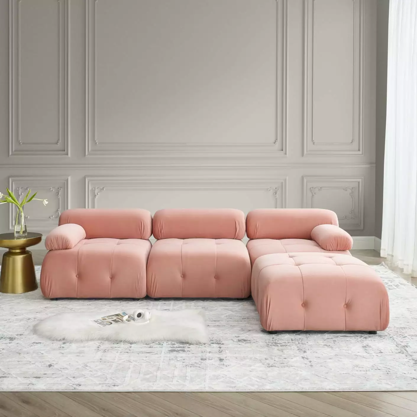 Modern 93 L-Shaped Sectional Sofa with Soft Velvet. Modular Sectional Bed with Reversible Ottoman.4 Seater Couch Button Tufted Designed.DIY Combination Sofa for Living Room.Pink