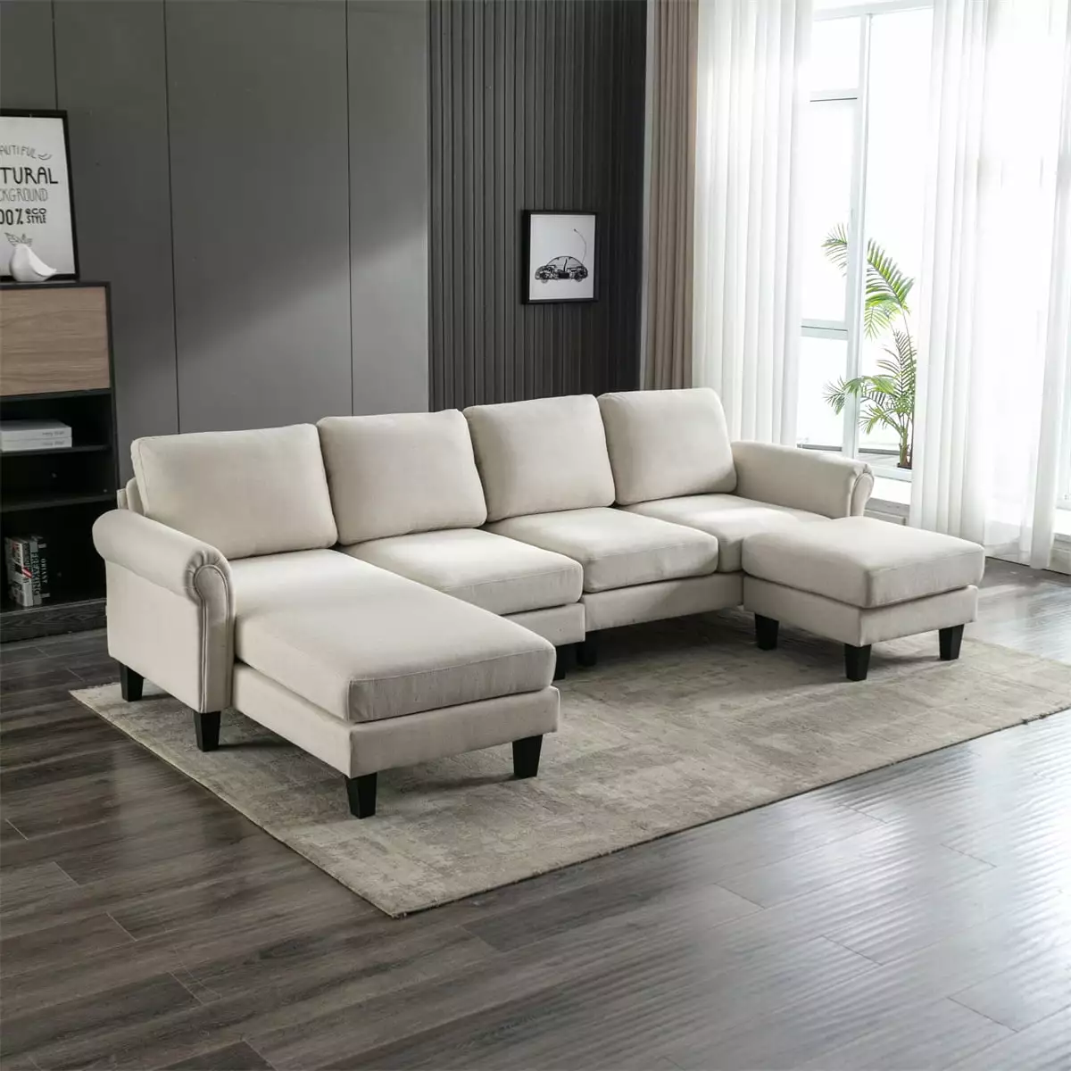 Modern Accent Sofa. L-Shape Modular Sectional Sofa with Movable Ottoman. Upholstered Fabric Sofa Couch with Rolled Arm and Wood Leg. Convertible Sofa for Living Room Apartment Office. Beige