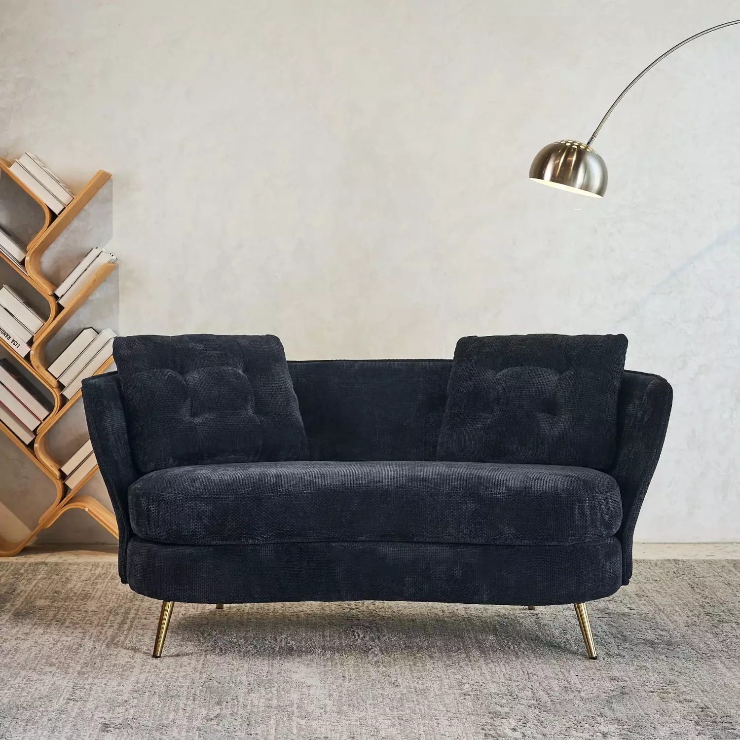 Modern Black Upholstered Polyester Loveseat Sofa with Golden Metal Legs Club Two-Seat Couch for Living Room Bedroom Small Space Dorm or Apartment Reading Area.