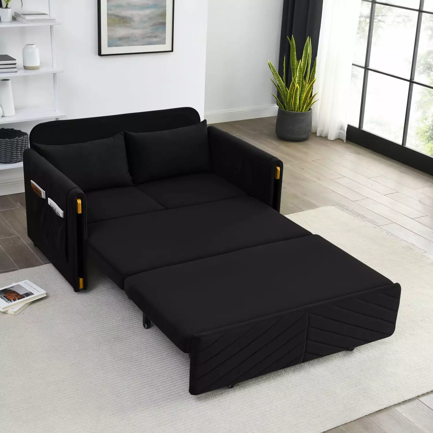 Modern Black Velvet Convertible Sofa Bed with 2 Detachable Arm Pockets Pull Out Bed Loveseat Including 2 Pillows for Living Room Comfort Adjustable Backrest and Grid Design Armrests MH